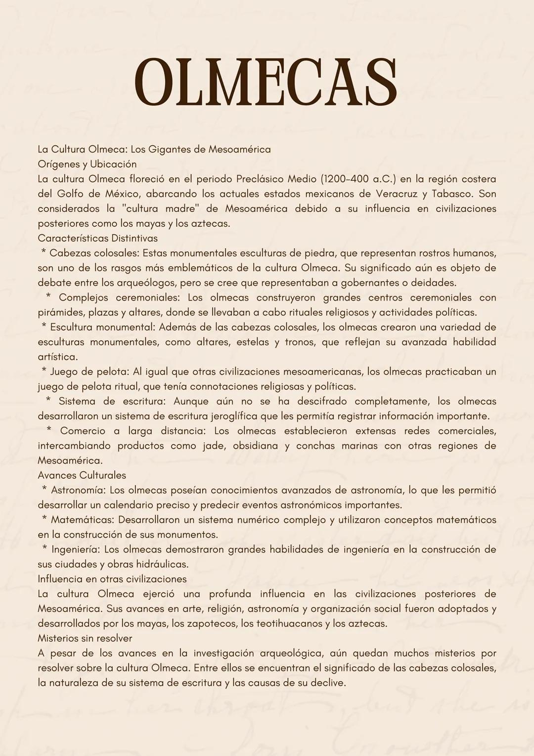 # OLMECAS
La Cultura Olmeca: Los Gigantes de Mesoamérica
Orígenes y Ubicación
La cultura Olmeca floreció en el periodo Preclásico Medio (