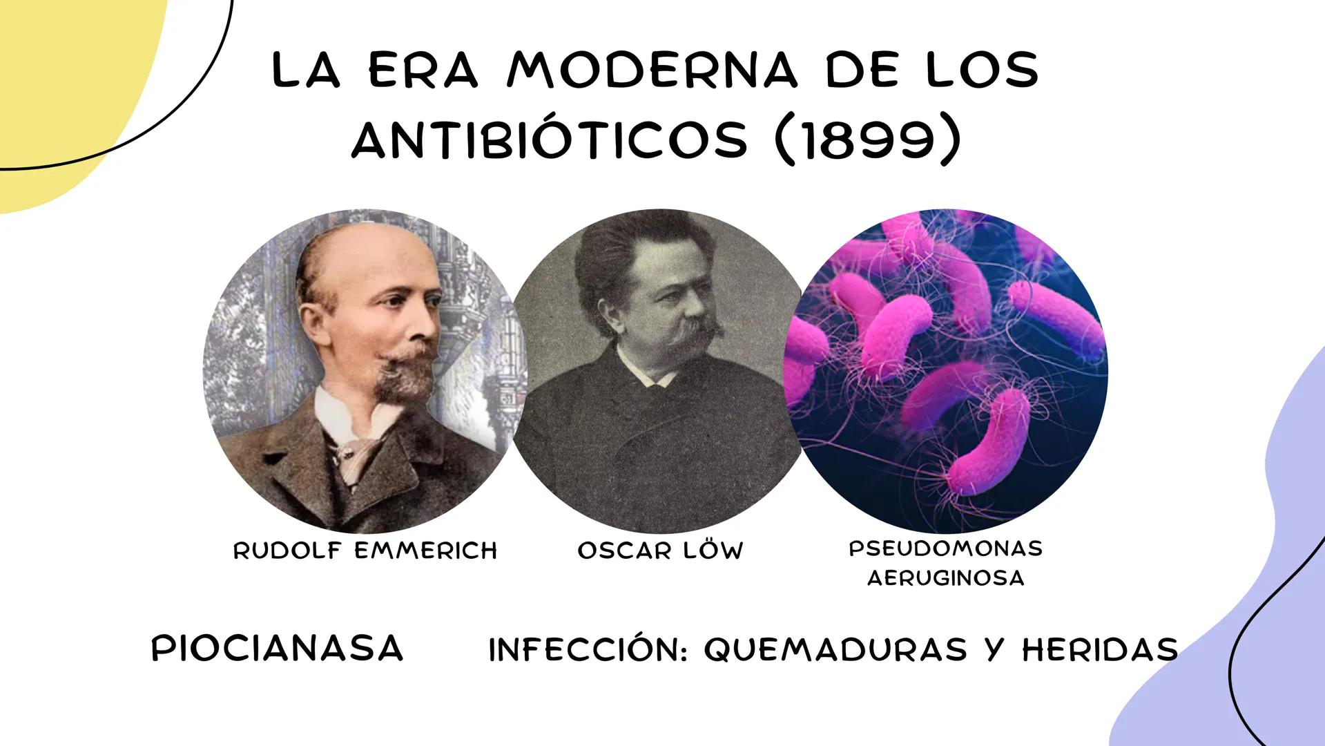 ANTIMICROBIANOS # LA ERA MODERNA DE LOS
ANTIBIÓTICOS (1899)
RUDOLF EMMERICH
OSCAR LÖW
PIOCIANASA
PSEUDOMONAS
AERUGINOSA
INFECCIÓN: QUEM