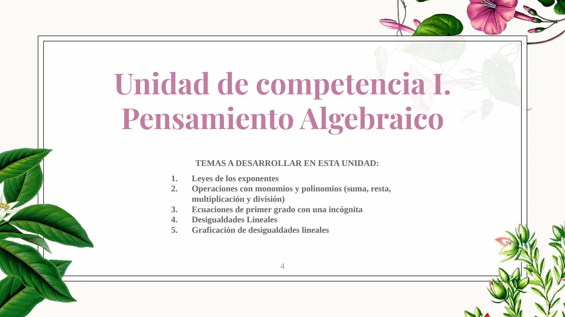 Desarrollo y tema
de las unidades
de aprendizaje Unidad de competencia I.
Pensamiento Algebraico
TEMAS A DESARROLLAR EN ESTA UNIDAD:
Leyes d