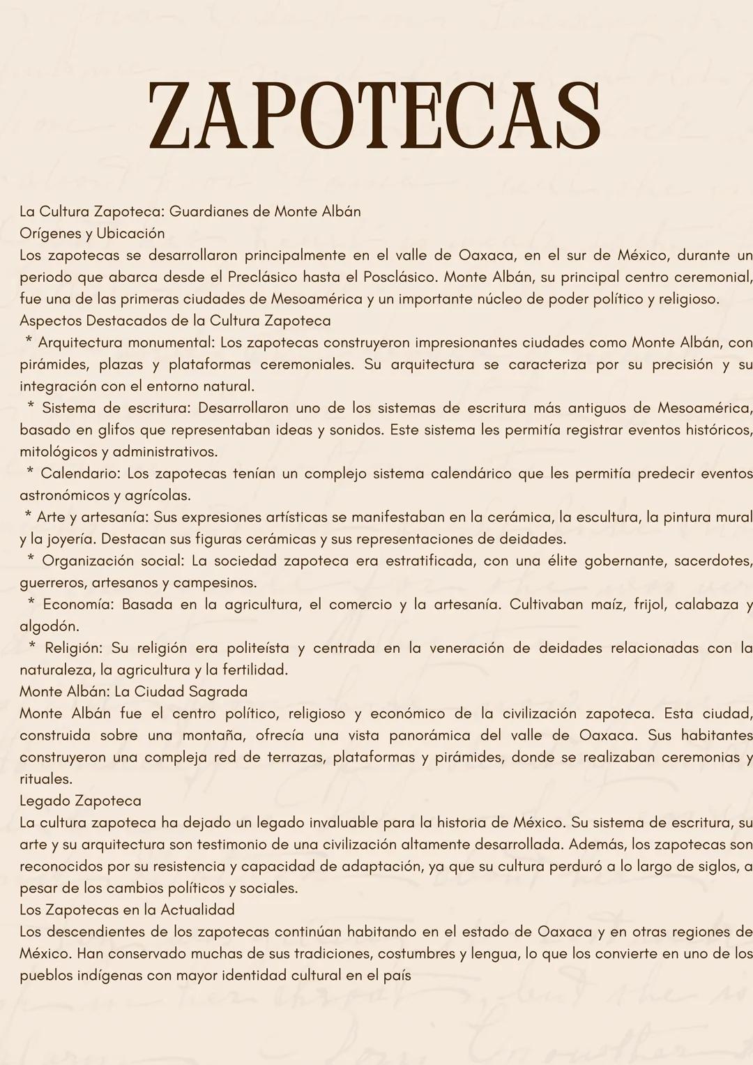 # ZAPOTECAS
La Cultura Zapoteca: Guardianes de Monte Albán
Orígenes y Ubicación
Los zapotecas se desarrollaron principalmente en el valle