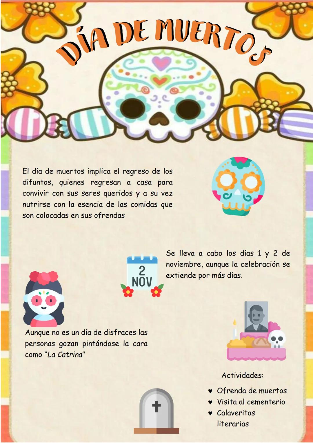 DÍA DE MUERTOS
El día de muertos implica el regreso de los
difuntos, quienes regresan a casa para
convivir con sus seres queridos y a su ve