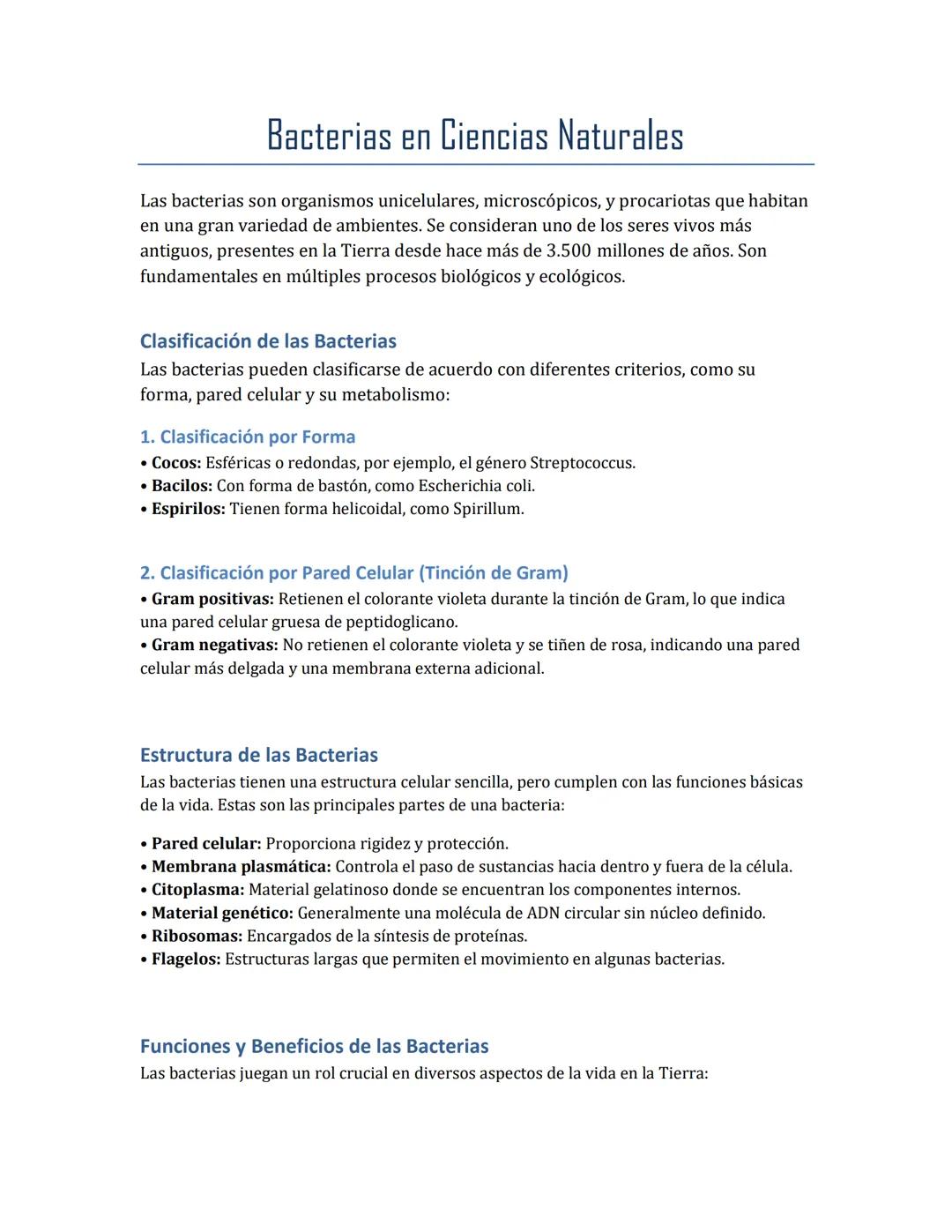 # Bacterias en Ciencias Naturales
Las bacterias son organismos unicelulares, microscópicos, y procariotas que habitan
en una gran variedad
