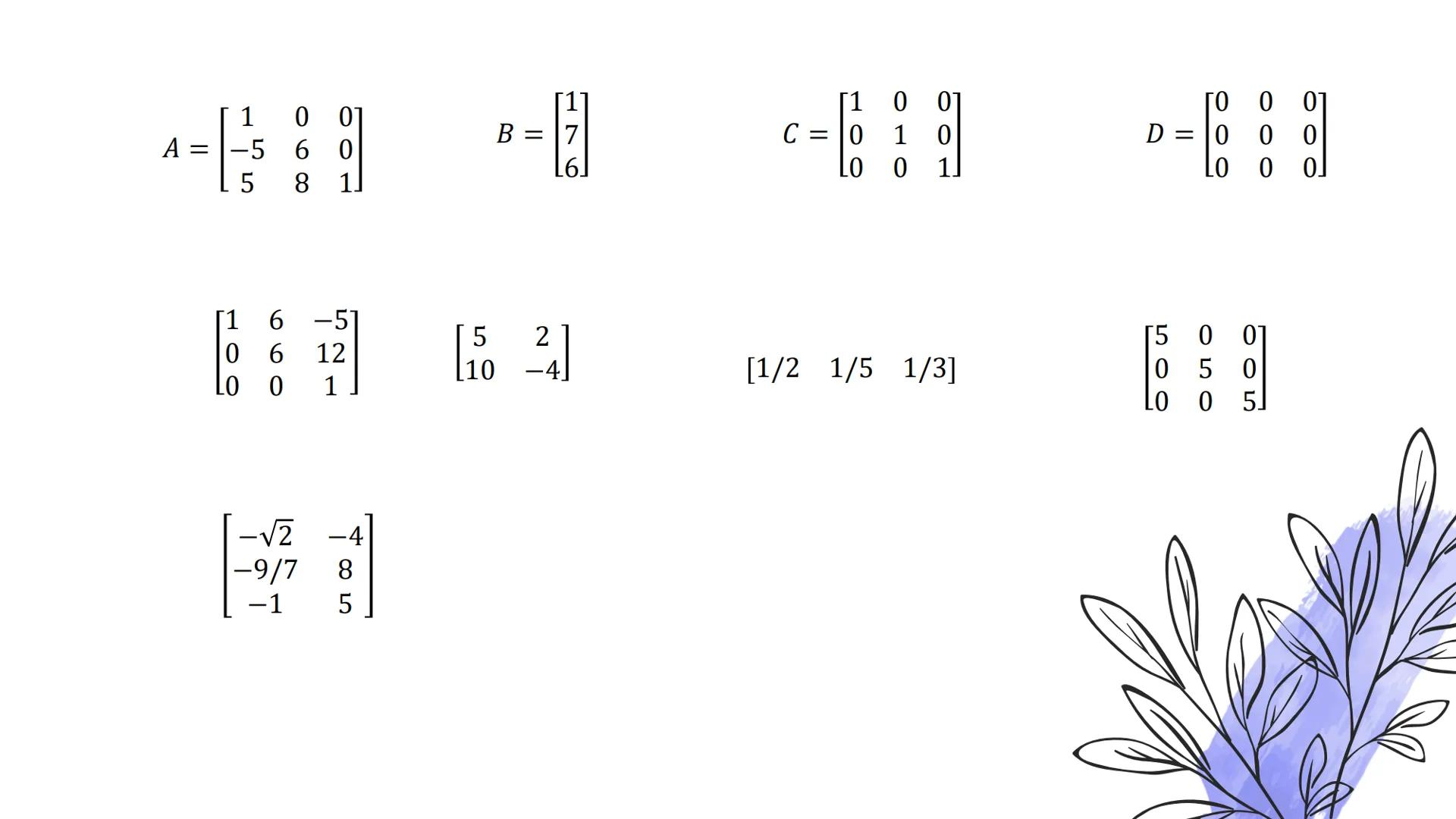 ALGEBRA
MATRICIAL
$\begin{bmatrix} -2 & -9 & 8 \\ -5 & 0 & 4 \\ 5 & 8 & 1 \end{bmatrix}$ $\begin{bmatrix} 2 \\ 8 \\ -7 \end{bmatrix}$ $\begi