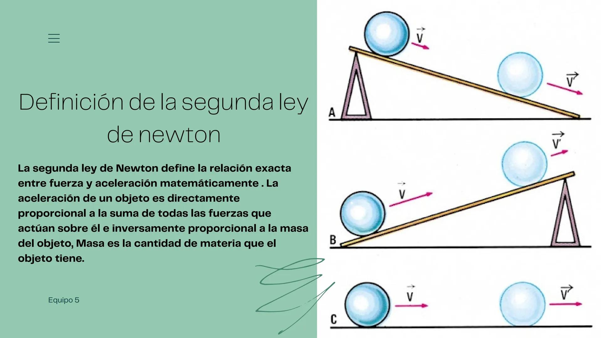 El tema de hoy:
Segunda ley de newton
Equipo 5
01 =
|||
Definición de la segunda ley
de newton
La segunda ley de Newton define la relación