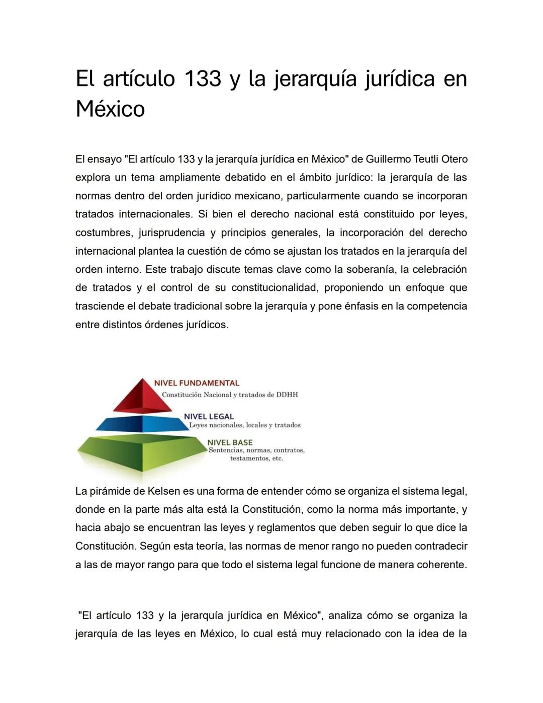 # El artículo 133 y la jerarquía jurídica en
México
El ensayo "El artículo 133 y la jerarquía jurídica en México" de Guillermo Teutli Otero