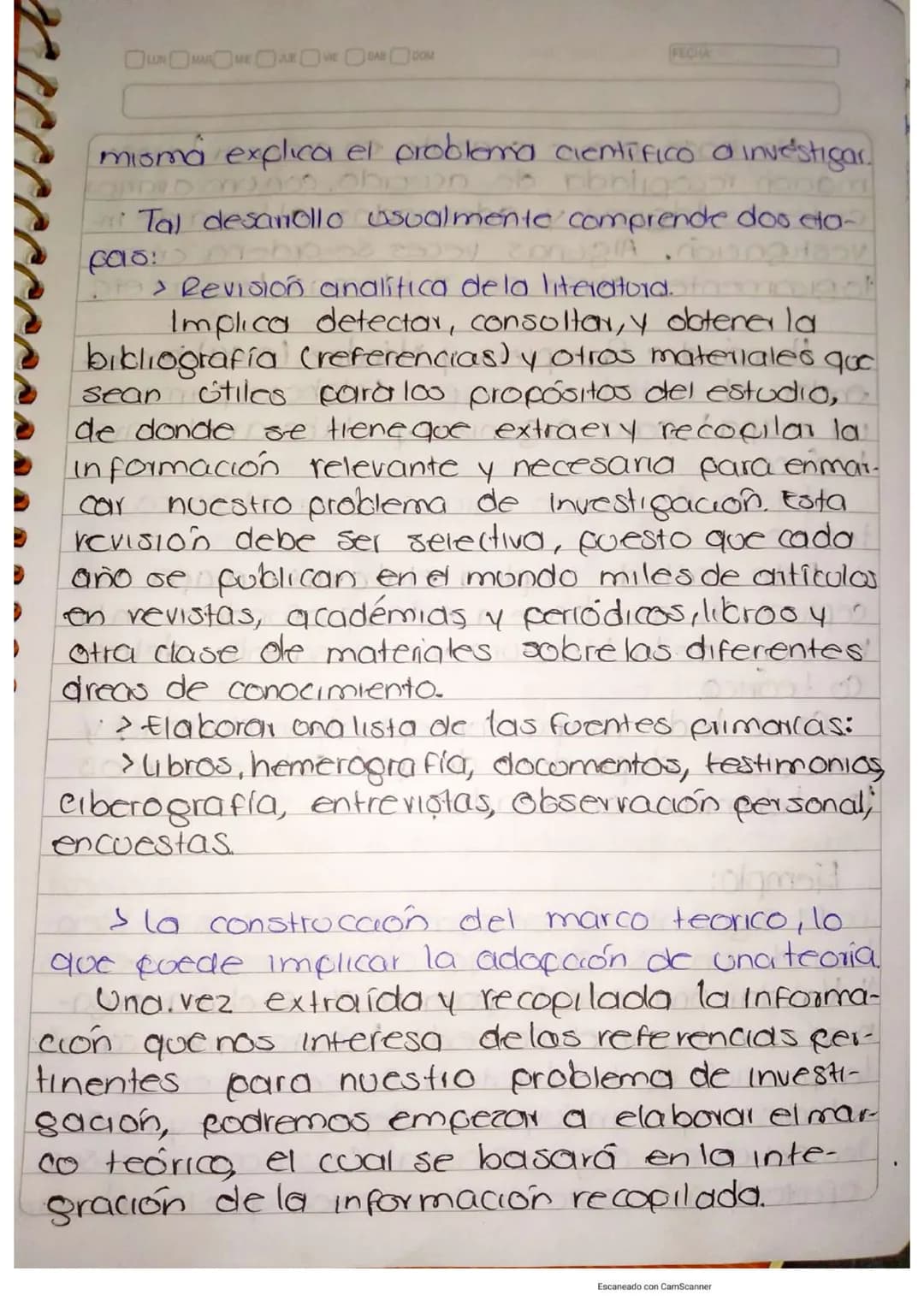 LUN MAR MIE JUE VIE SAB DOM
RESUMEN
DE
INVESTIGACIÓN
FECHA
Escaneado con CamScanner ROR 22/sep/200
## Delimitación del tema.
Uno vez qu