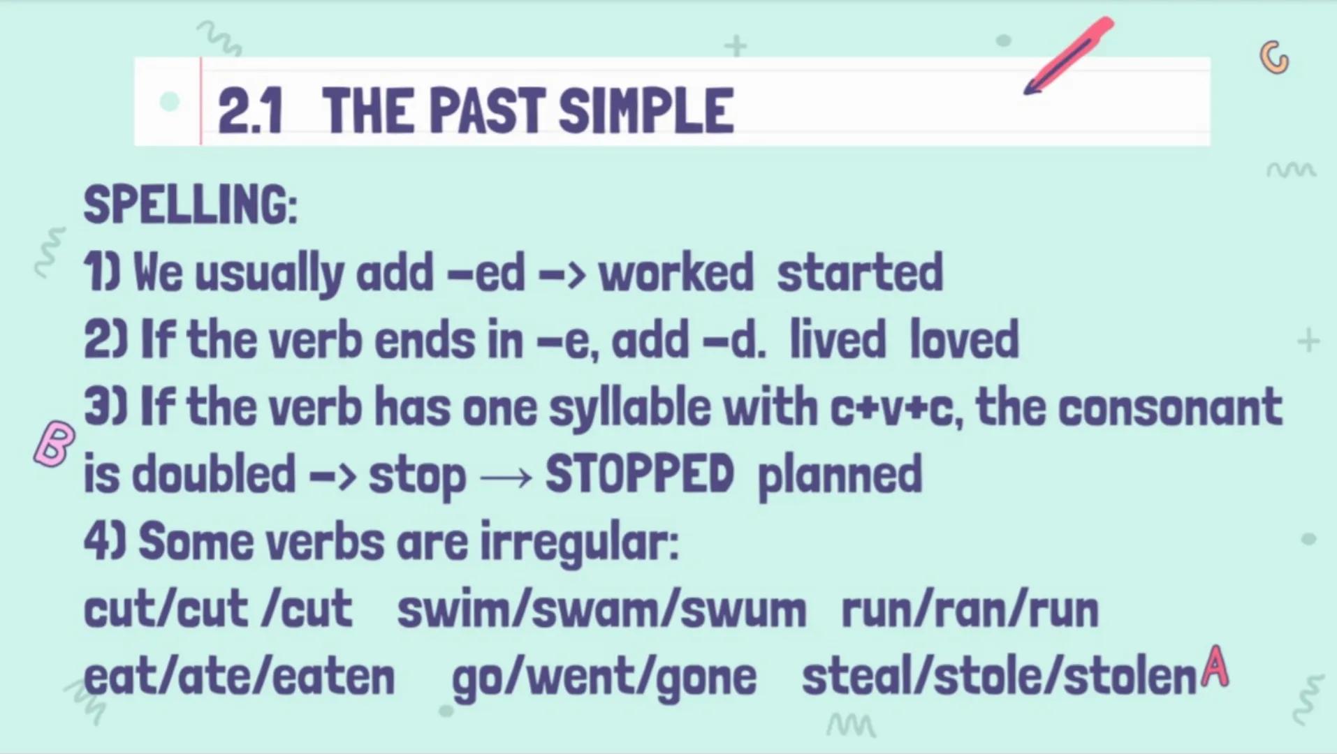 M
W
m
+
M
PAST SIMPLE
+
M
P
W M
⚫2.1 THE PAST SIMPLE
SPELLING:
1) We usually add -ed-> worked started
2) If the verb ends in -e, add -d. liv