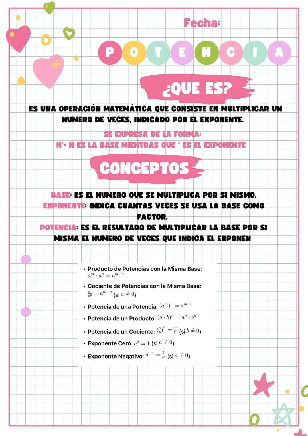 Fecha:
00000000
¿QUE ES?
ES UNA OPERACIÓN MATEMÁTICA QUE CONSISTE EN MULTIPLICAR UN
NUMERO DE VECES, INDICADO POR EL EXPONENTE.
SE EXPRE