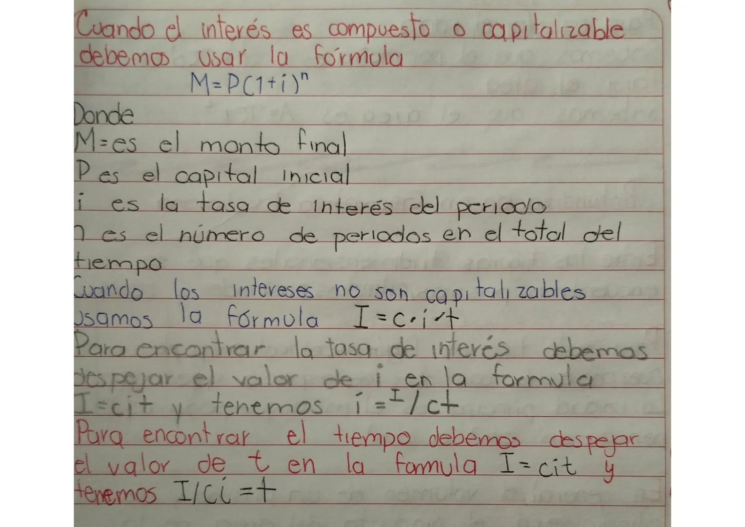→ Matemáticas financieras.
3
La fórmula que nos permite calcular el
Interés simple es la siguente
$I = c \cdot i \cdot t$
I es el interés