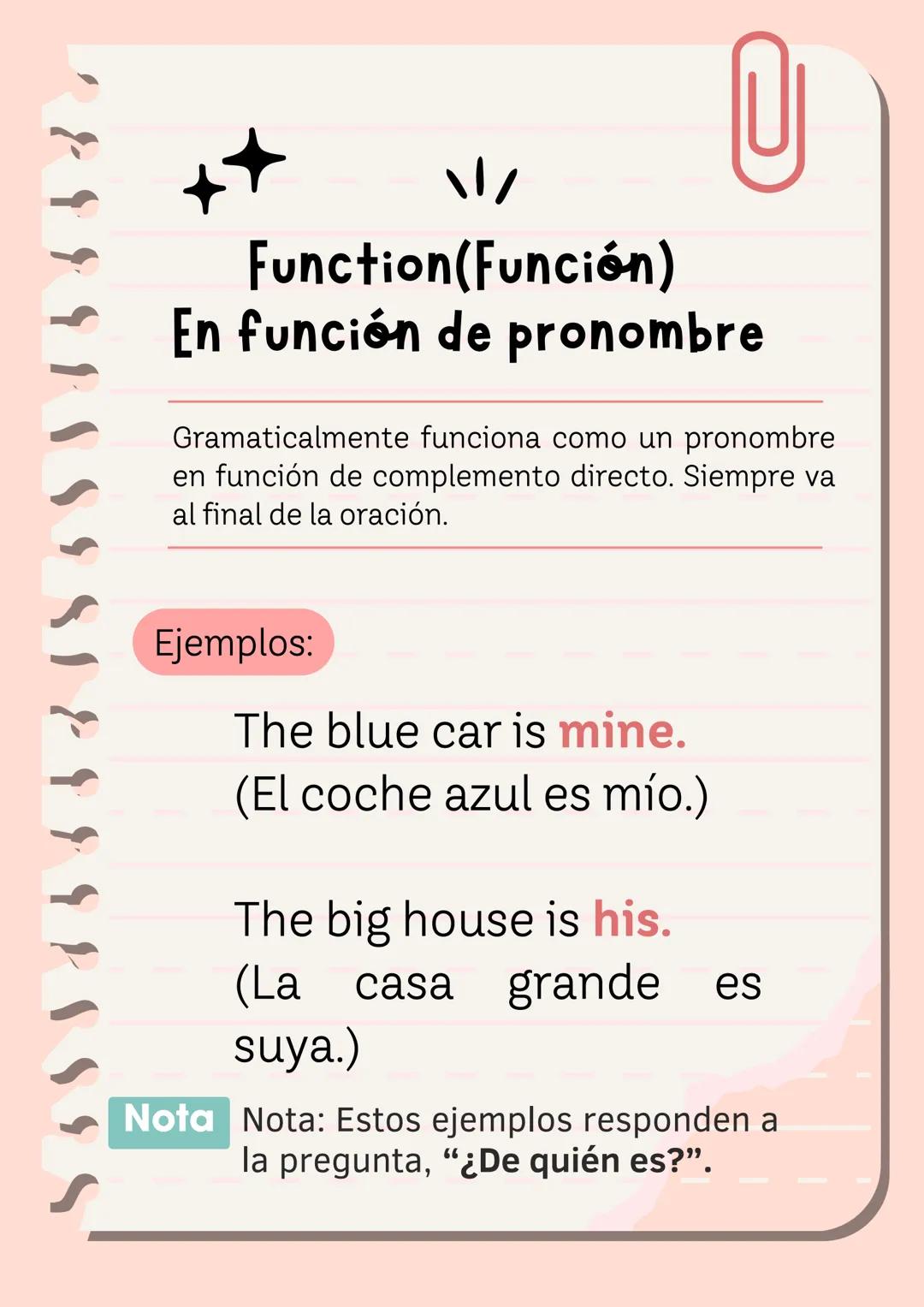 # Possessives
(Los posesivos)
Descripción
general
Los posesivos se
clasifican en dos tipos
según su función en la
oración.
se presentan a