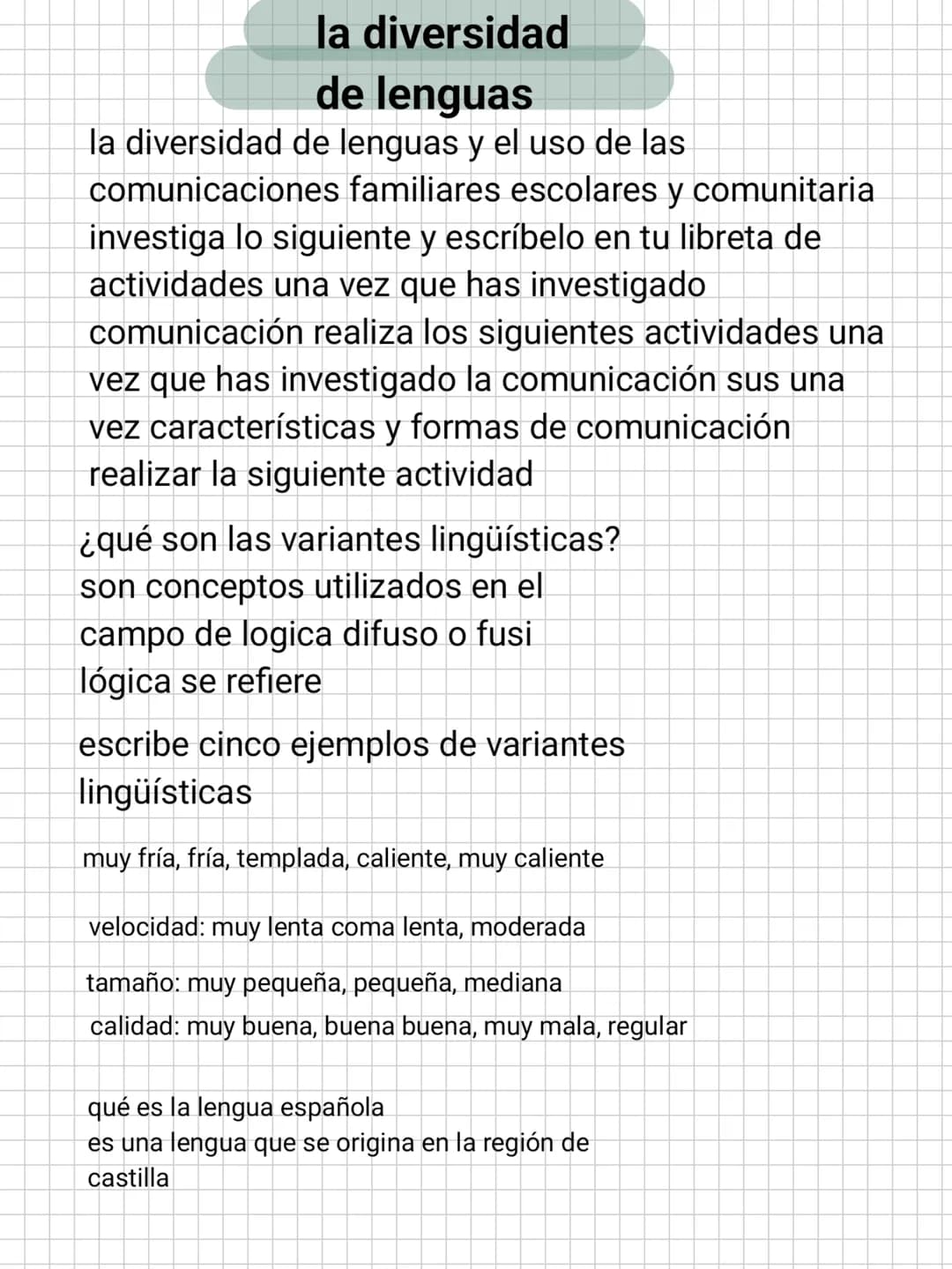 # la diversidad
de lenguas
la diversidad de lenguas y el uso de las
comunicaciones familiares escolares y comunitaria
investiga lo siguien