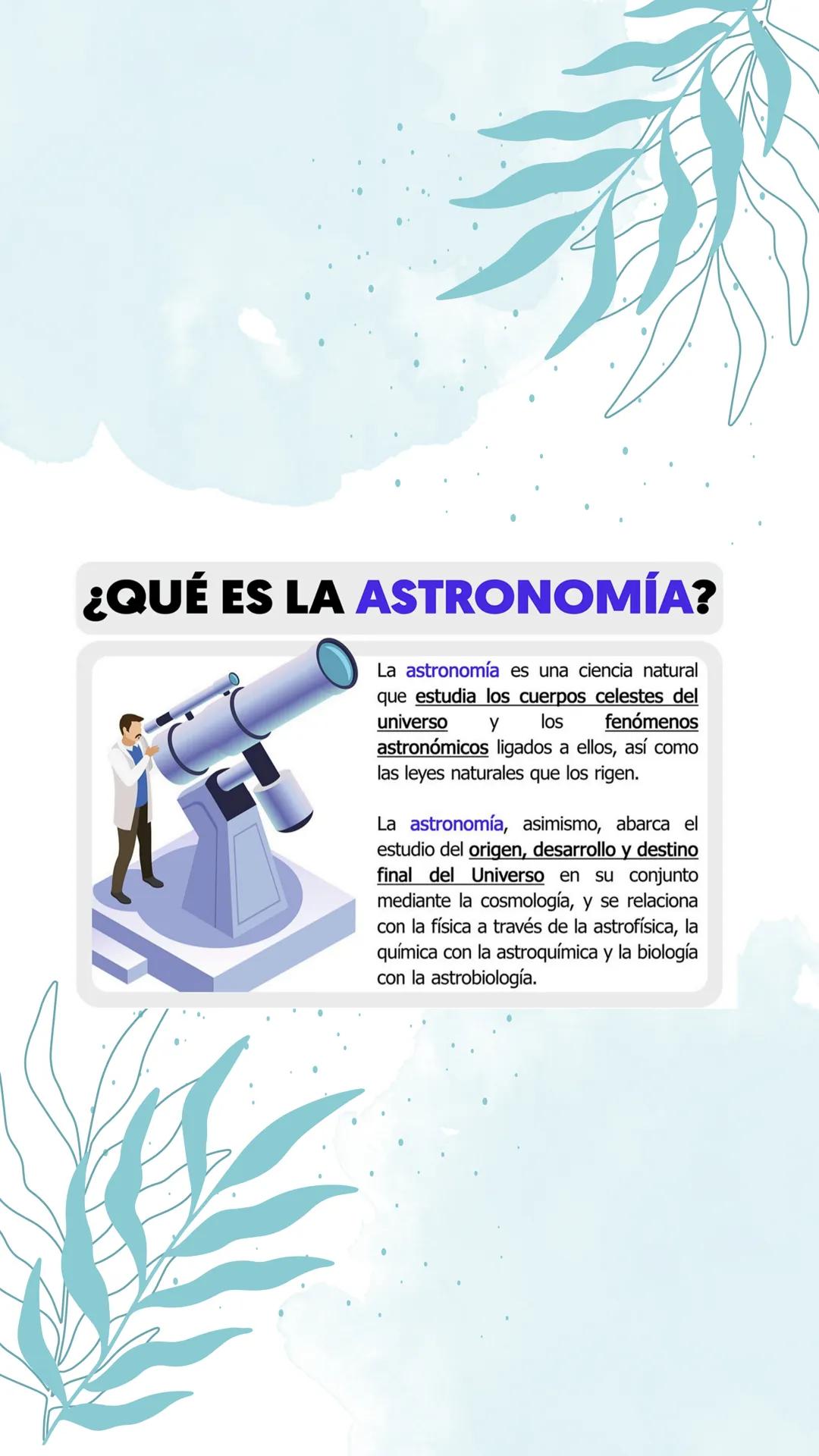 ¿QUÉ ES LA ASTRONOMÍA?
La astronomía es una ciencia natural
y
que estudia los cuerpos celestes del
universo
los fenómenos
astronómicos ligad