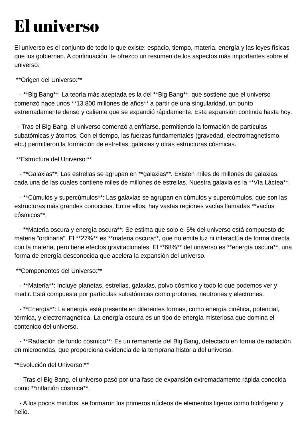 # El universo
El universo es el conjunto de todo lo que existe: espacio, tiempo, materia, energía y las leyes físicas
que los gobiernan. A