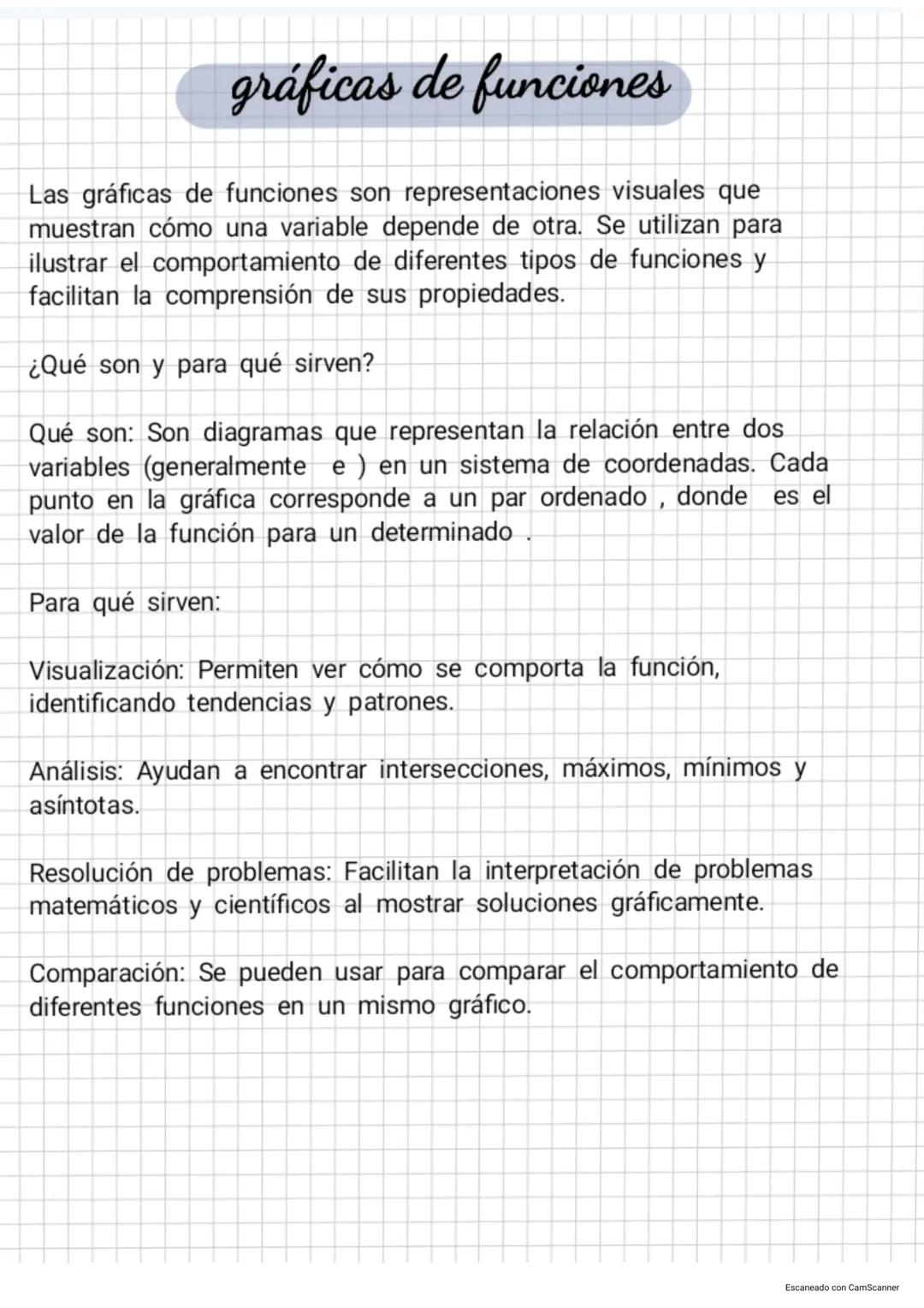 # gráficas de funciones
Las gráficas de funciones son representaciones visuales que
muestran cómo una variable depende de otra. Se utilizan