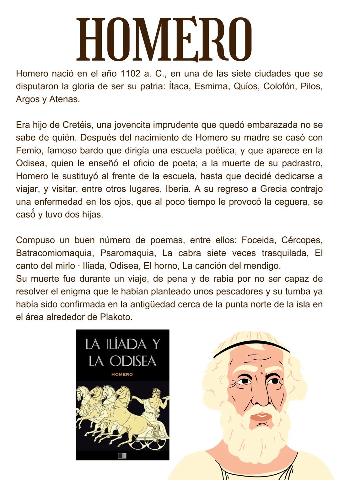 4.11
tron about her
getting its lost wat
her chroat, bendro
10
LITERATURA
BIOGRAFÍAS # HOMERO
Homero nació en el año 1102 a. C., en una de