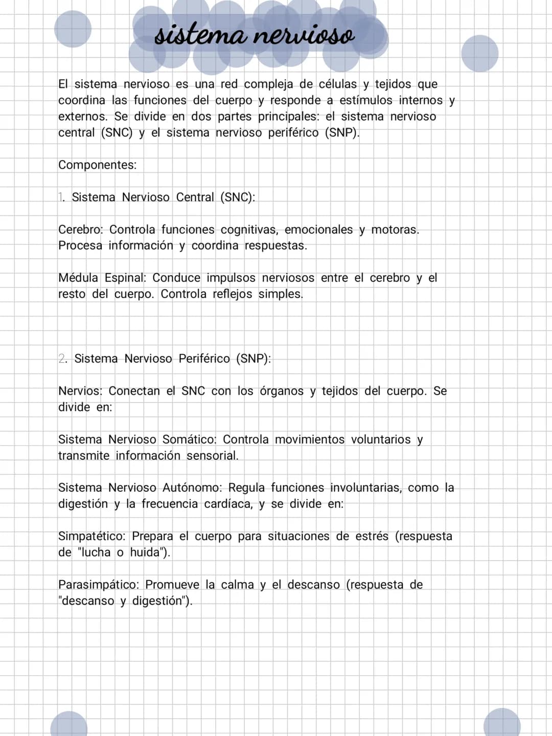 # sistema nervioso
El sistema nervioso es una red compleja de células y tejidos que
coordina las funciones del cuerpo y responde a estímulo