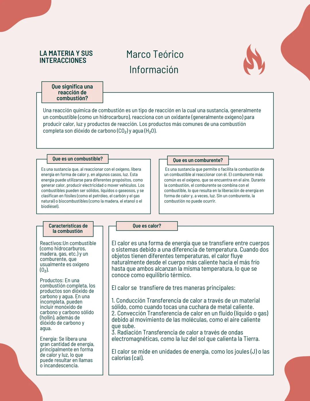 # LA MATERIA Y SUS
INTERACCIONES
# Marco Teórico
Información
## Que significa una
reacción de
combustión?
Una reacción química de combust