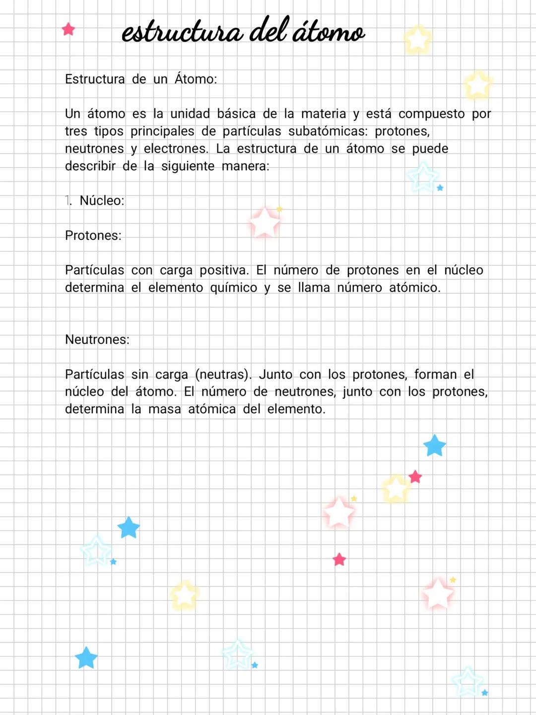 # estructura del átomo
Estructura de un Átomo:
Un átomo es la unidad básica de la materia y está compuesto por
tres tipos principales de p