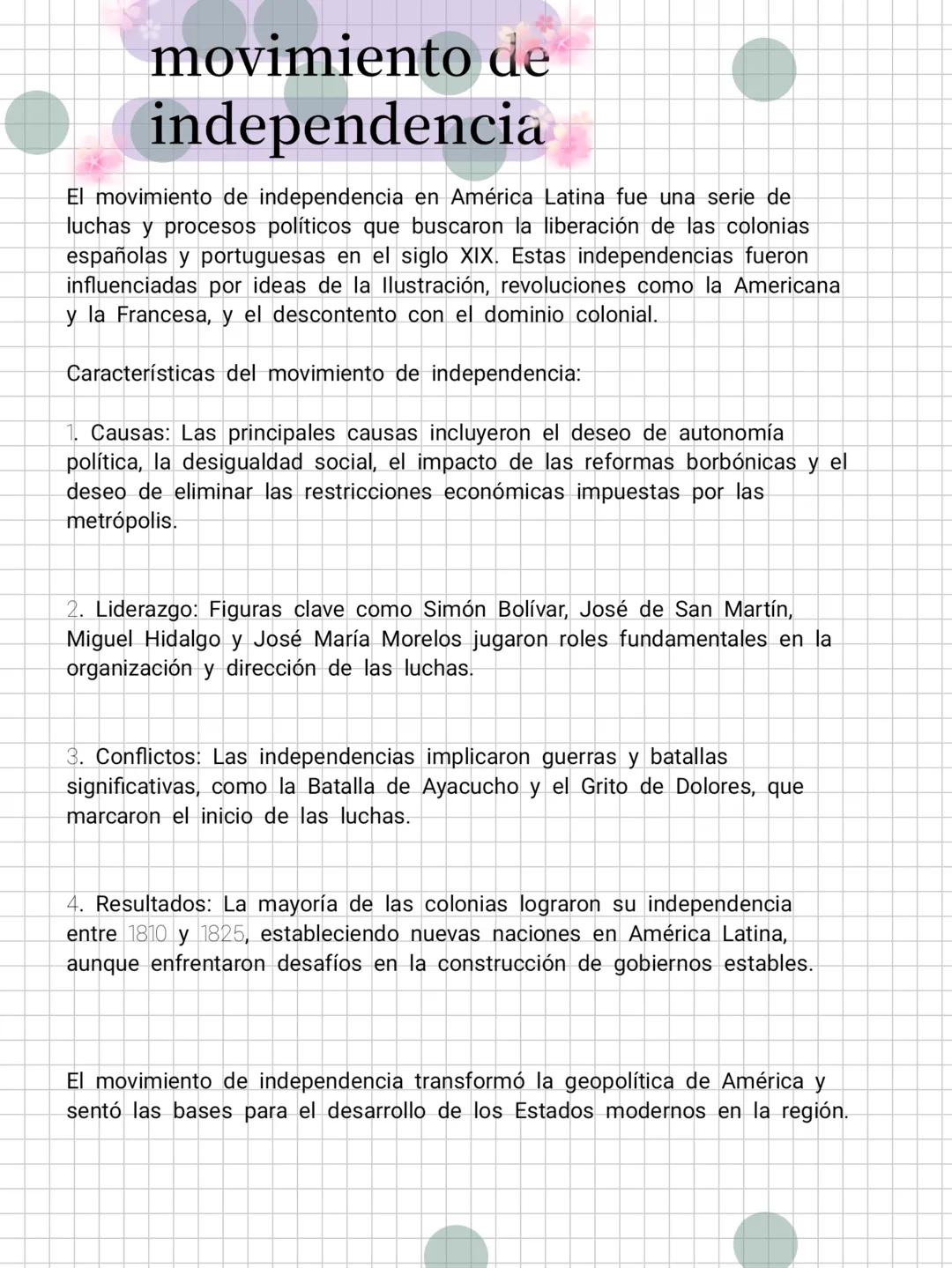 # movimiento de
independencia
El movimiento de independencia en América Latina fue una serie de
luchas y procesos políticos que buscaron la