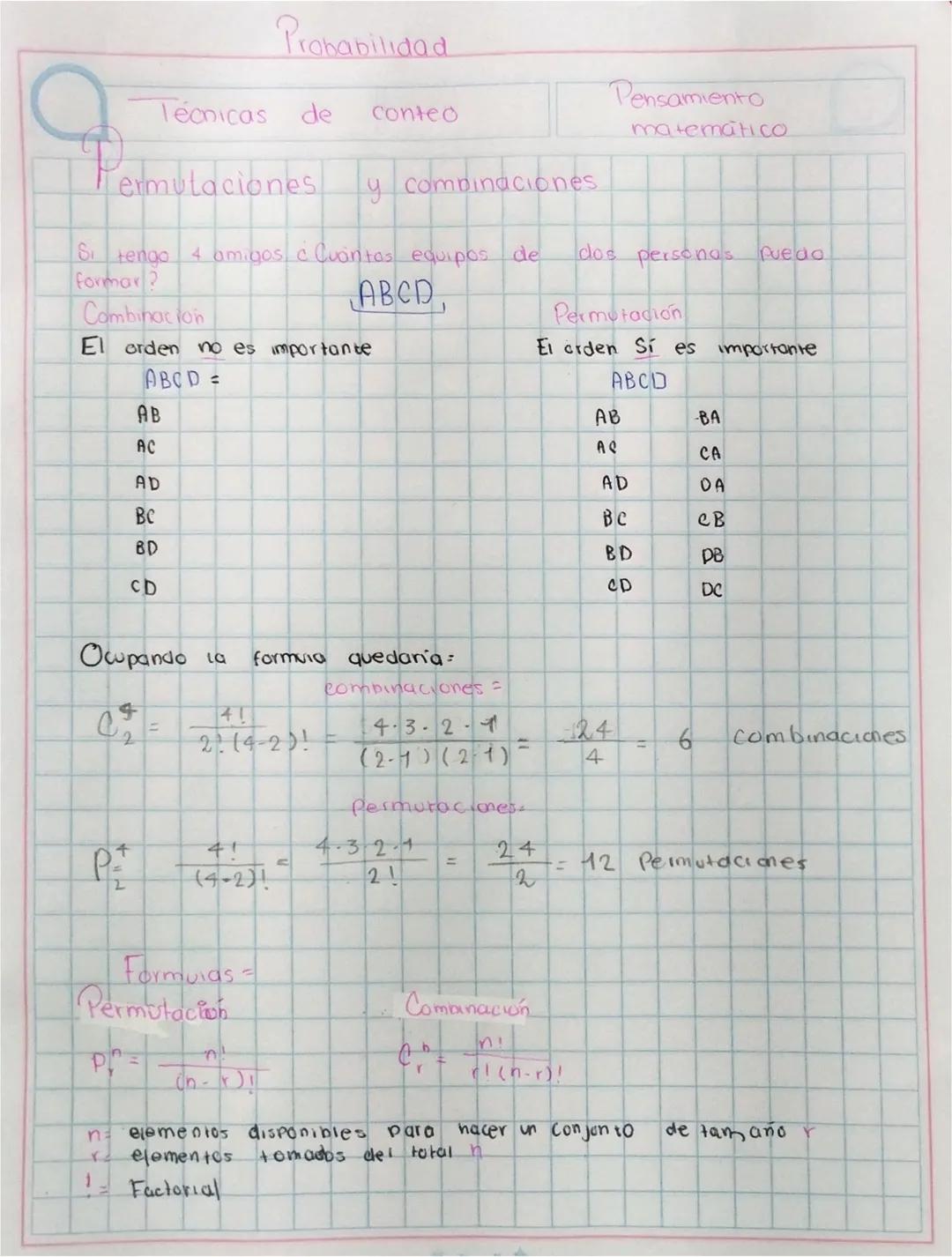 9
# Probabilidad
### Técnicas de conteo
### Pensamiento matematico
## Permutaciones y combinaciones
Si tengo 4 amigos e Cuantas equipos