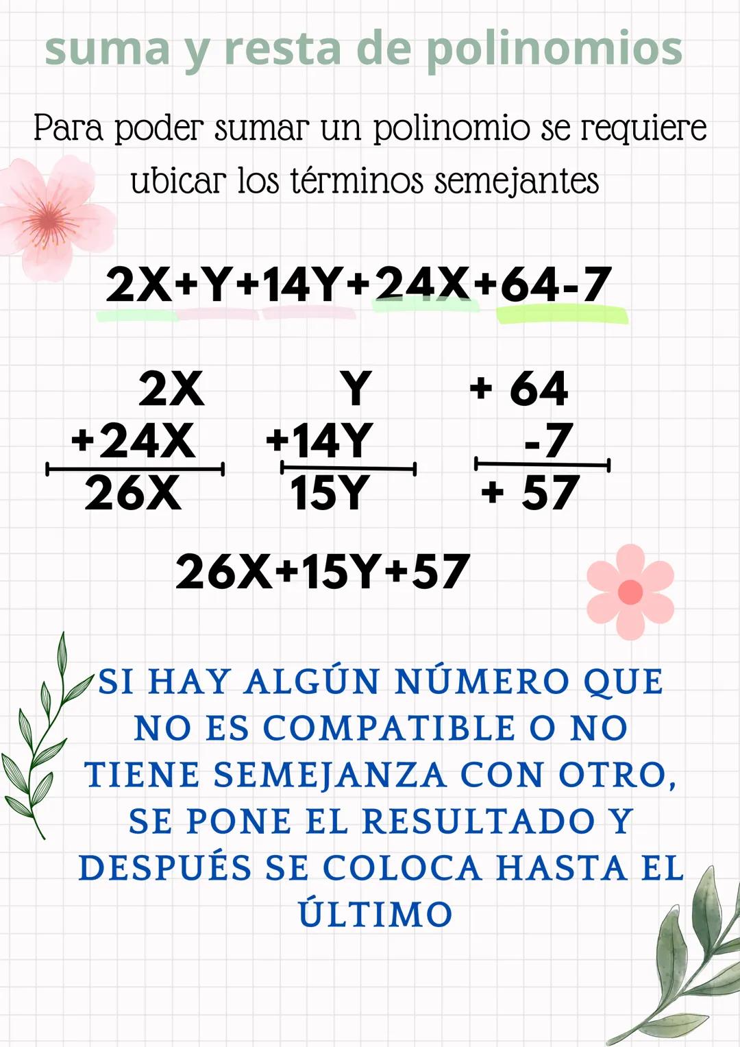 suma y resta de polinomios
Para poder sumar un polinomio se requiere
ubicar los términos semejantes
2X+Y+14Y+24X+64-7
2X
Y
+ 64
+24X
+14Y
-7