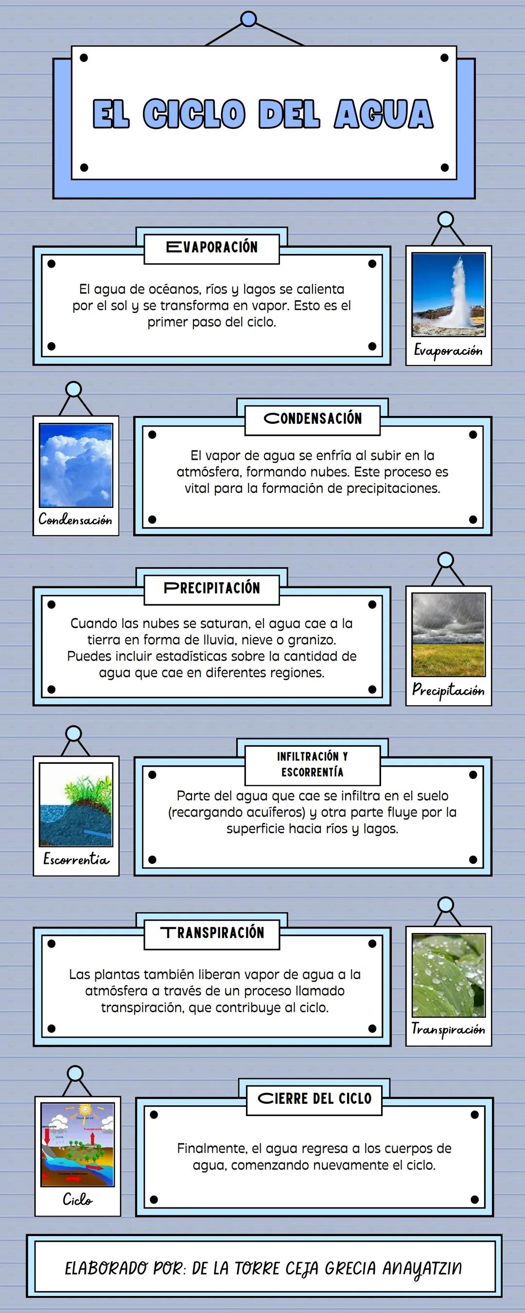 # EL CICLO DEL AGUA
EVAPORACIÓN
El agua de océanos, ríos y lagos se calienta
por el sol y se transforma en vapor. Esto es el
primer paso d