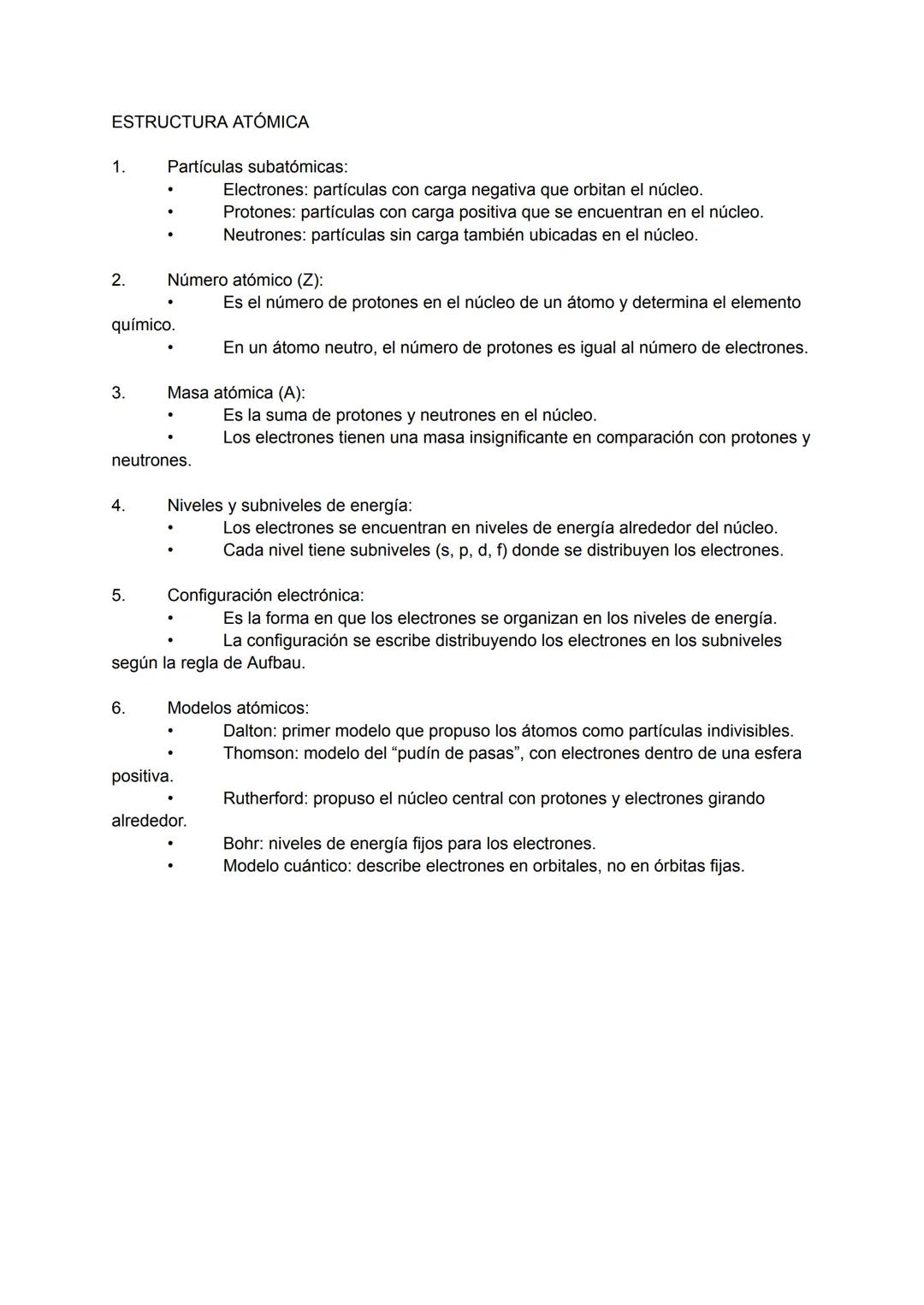 ESTRUCTURA ATÓMICA
1. Partículas subatómicas:
* Electrones: partículas con carga negativa que orbitan el núcleo.
* Protones: partículas c