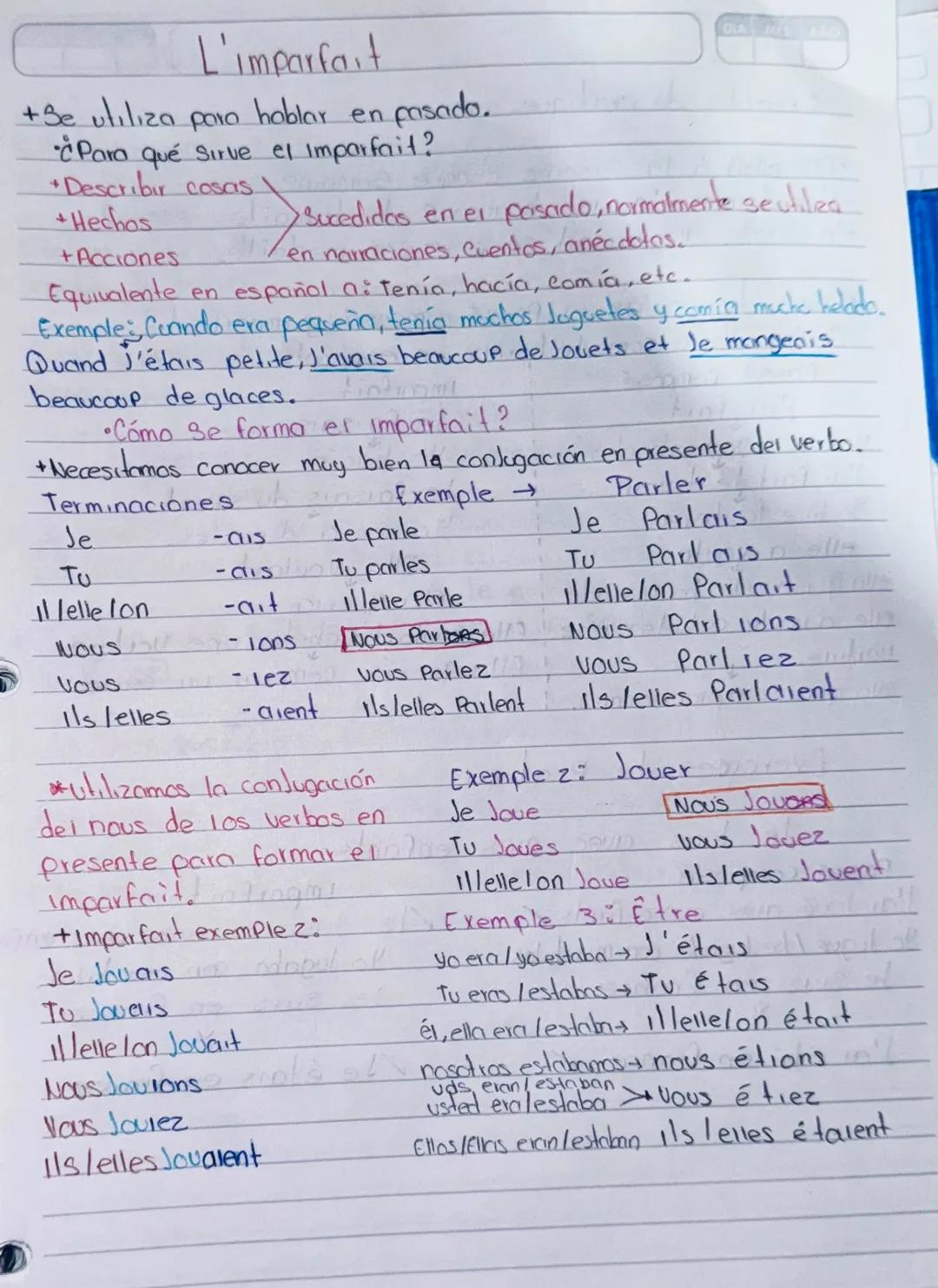 # L'imparfait
+Se utiliza para hablar en pasado.
¿Para qué sirve el Imparfait?
+Describir cosas.
+Hechos
+ Acciones
Sucedidas en el pasado,