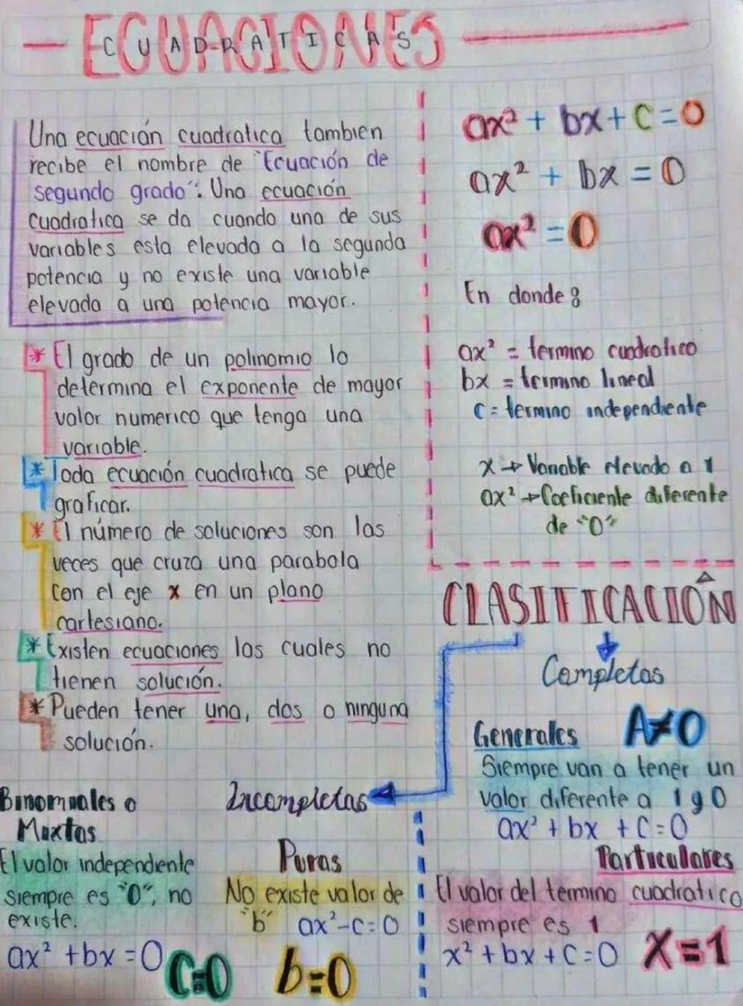 - EQUACIONES
Una ecuación cuadratica tambien 1 $ax^2+bx+c=0$
recibe el nombre de "Ecuación de
Segundo grado. Una ecuación
Cuadratica se da