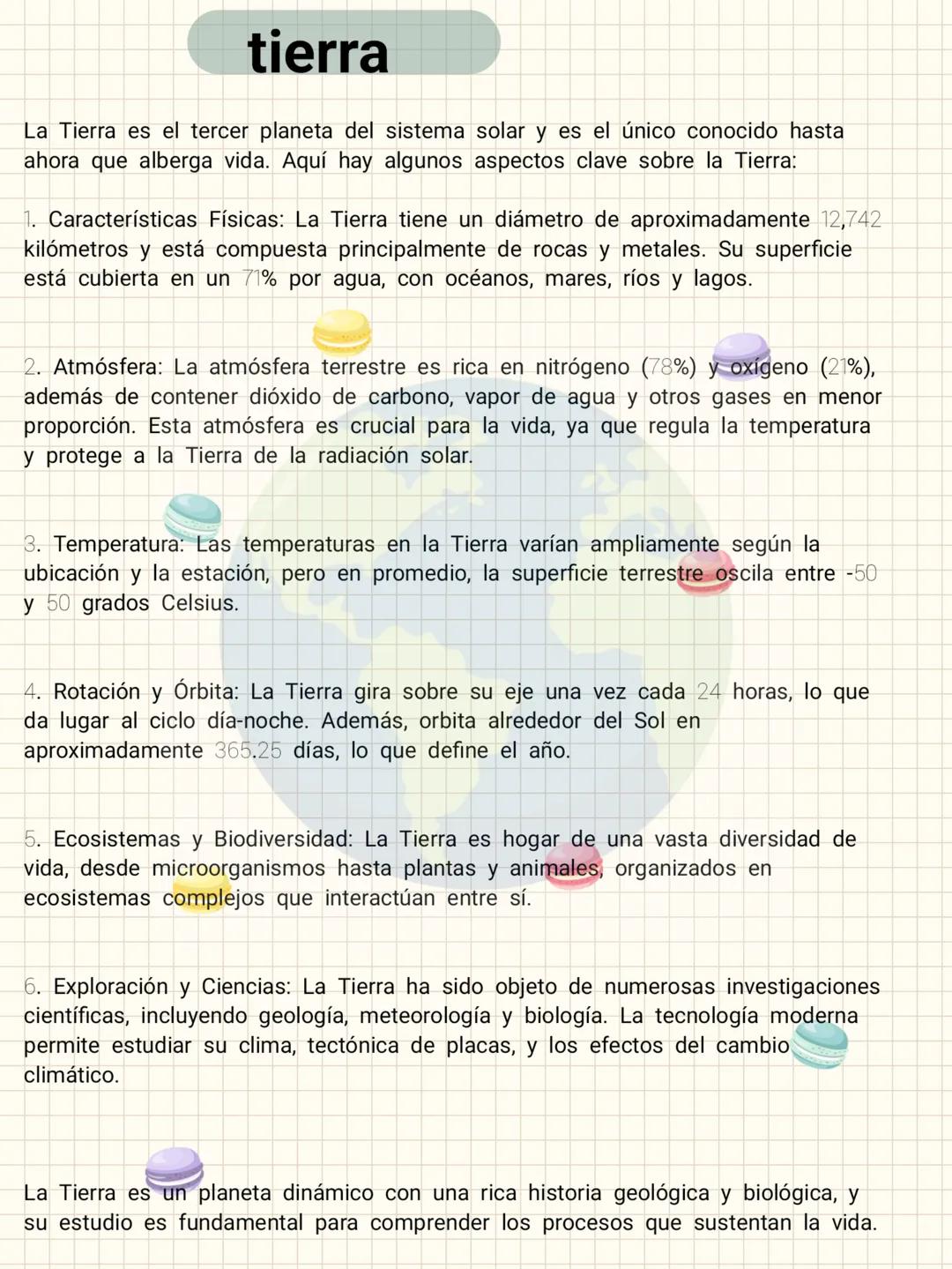 # tierra
La Tierra es el tercer planeta del sistema solar y es el único conocido hasta
ahora que alberga vida. Aquí hay algunos aspectos cl