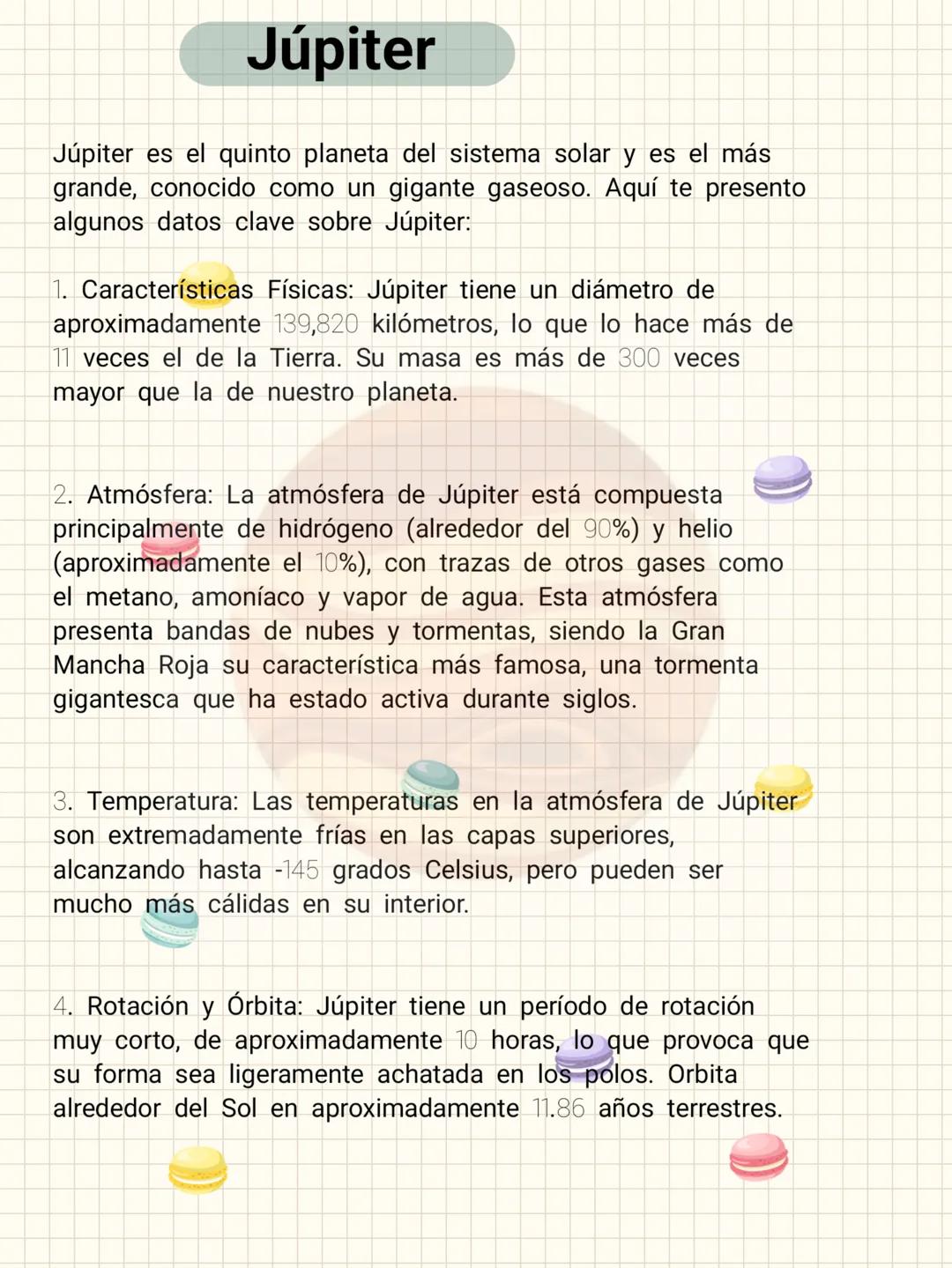 # Júpiter
Júpiter es el quinto planeta del sistema solar y es el más
grande, conocido como un gigante gaseoso. Aquí te presento
algunos dat