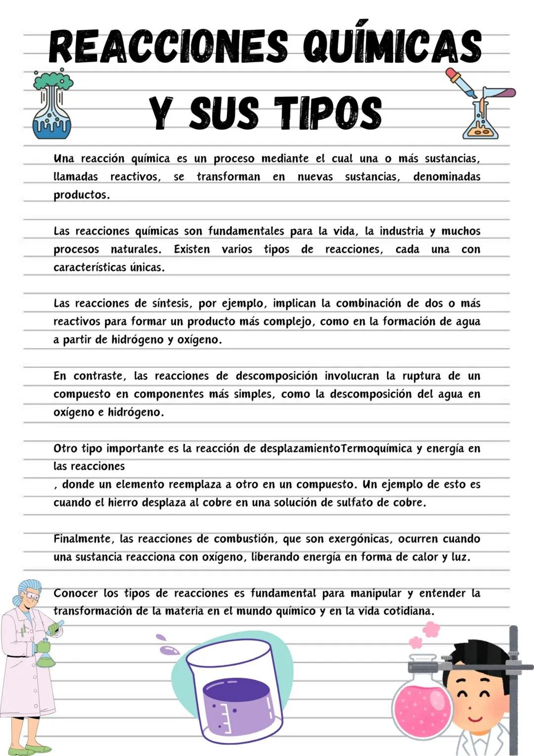 REACCIONES QUÍMICAS
TiT
Y SUS TIPOS
Una reacción química es un proceso mediante el cual una o más sustancias,
llamadas reactivos, se transfo