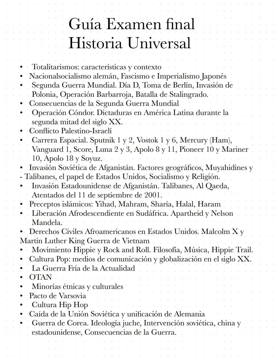 # Guía Examen final
# Historia Universal
- Totalitarismos: características y contexto
- Nacionalsocialismo alemán, Fascismo e Imperialismo