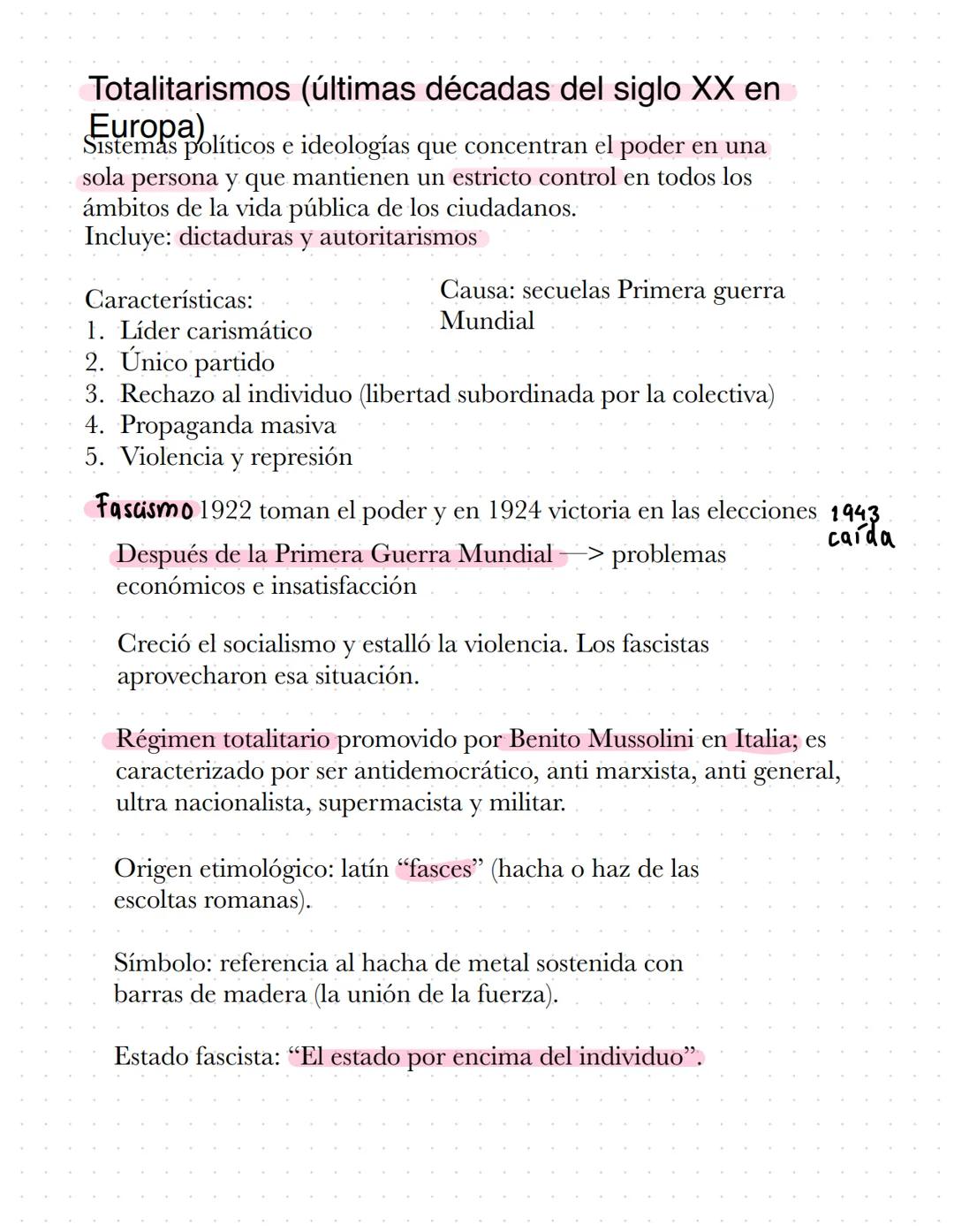 # Guía Examen final
# Historia Universal
- Totalitarismos: características y contexto
- Nacionalsocialismo alemán, Fascismo e Imperialismo