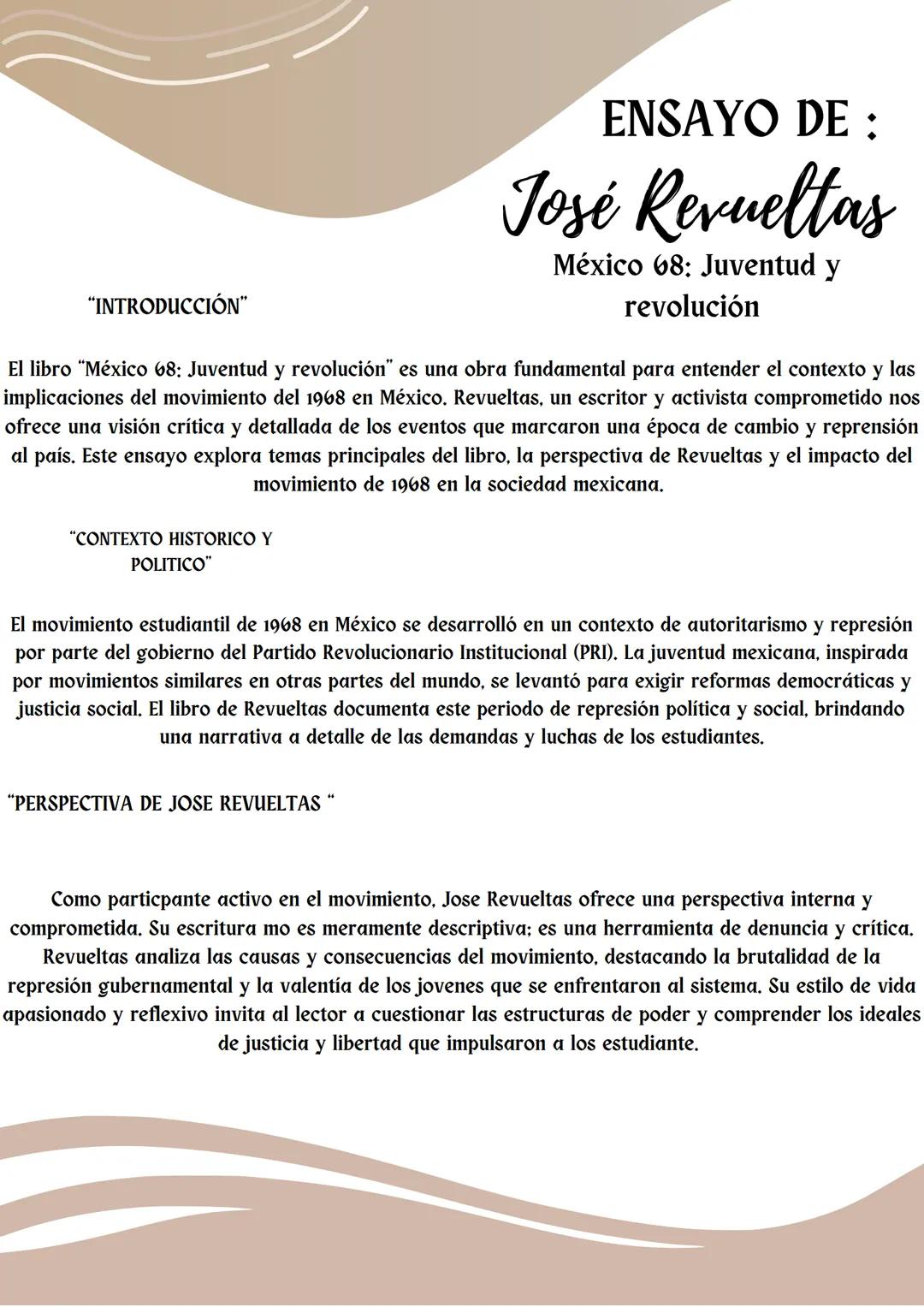 ENSAYO DE :
José Revueltas
México 68: Juventud y
revolución
"INTRODUCCIÓN"
El libro "México 68: Juventud y revolución" es una obra funda