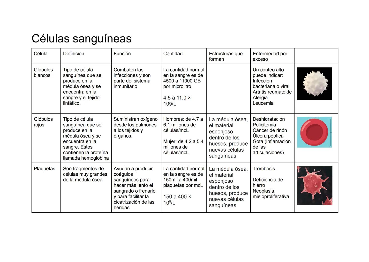 # Células sanguíneas
| Célula | Definición | Función | Cantidad | Estructuras que forman | Enfermedad por exceso |
|---|---|---|---|---|---