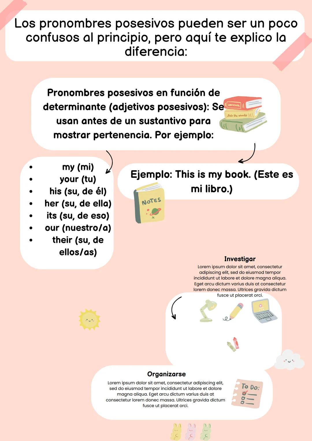 Los pronombres posesivos pueden ser un poco
confusos al principio, pero aquí te explico la
diferencia:
Pronombres posesivos en función de
de