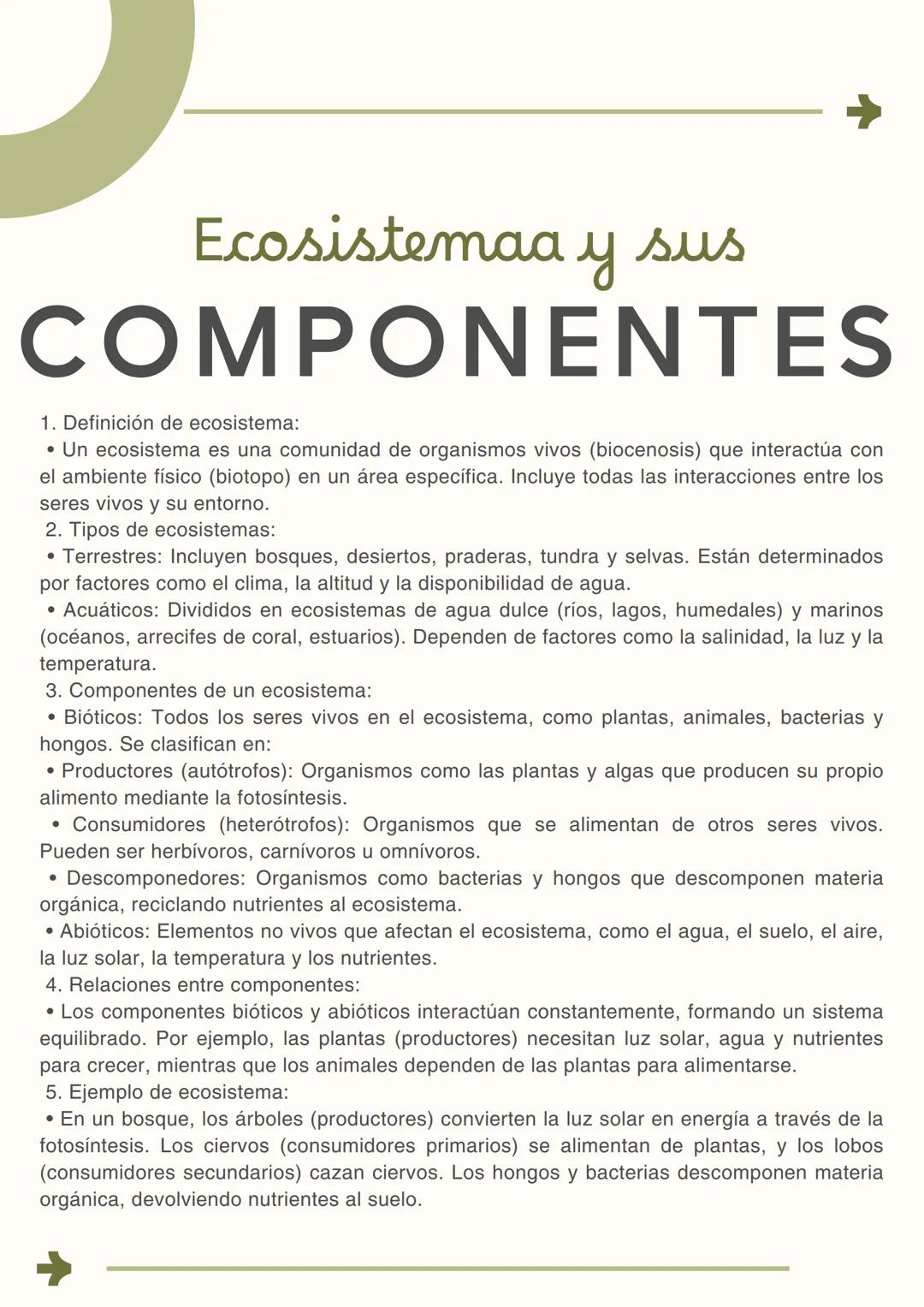 # Ecosistemaa y sus
COMPONENTES
1. Definición de ecosistema:
* Un ecosistema es una comunidad de organismos vivos (biocenosis) que inter