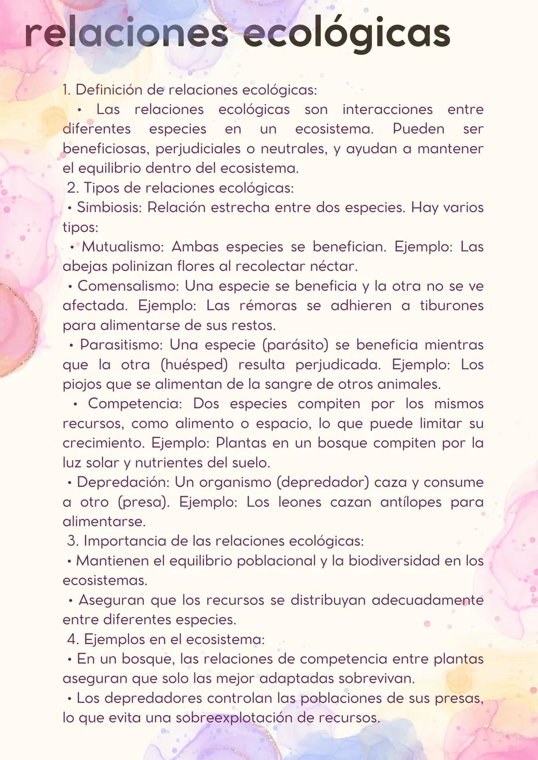 # relaciones ecológicas
1. Definición de relaciones ecológicas:
* Las relaciones ecológicas son interacciones entre
diferentes especies e