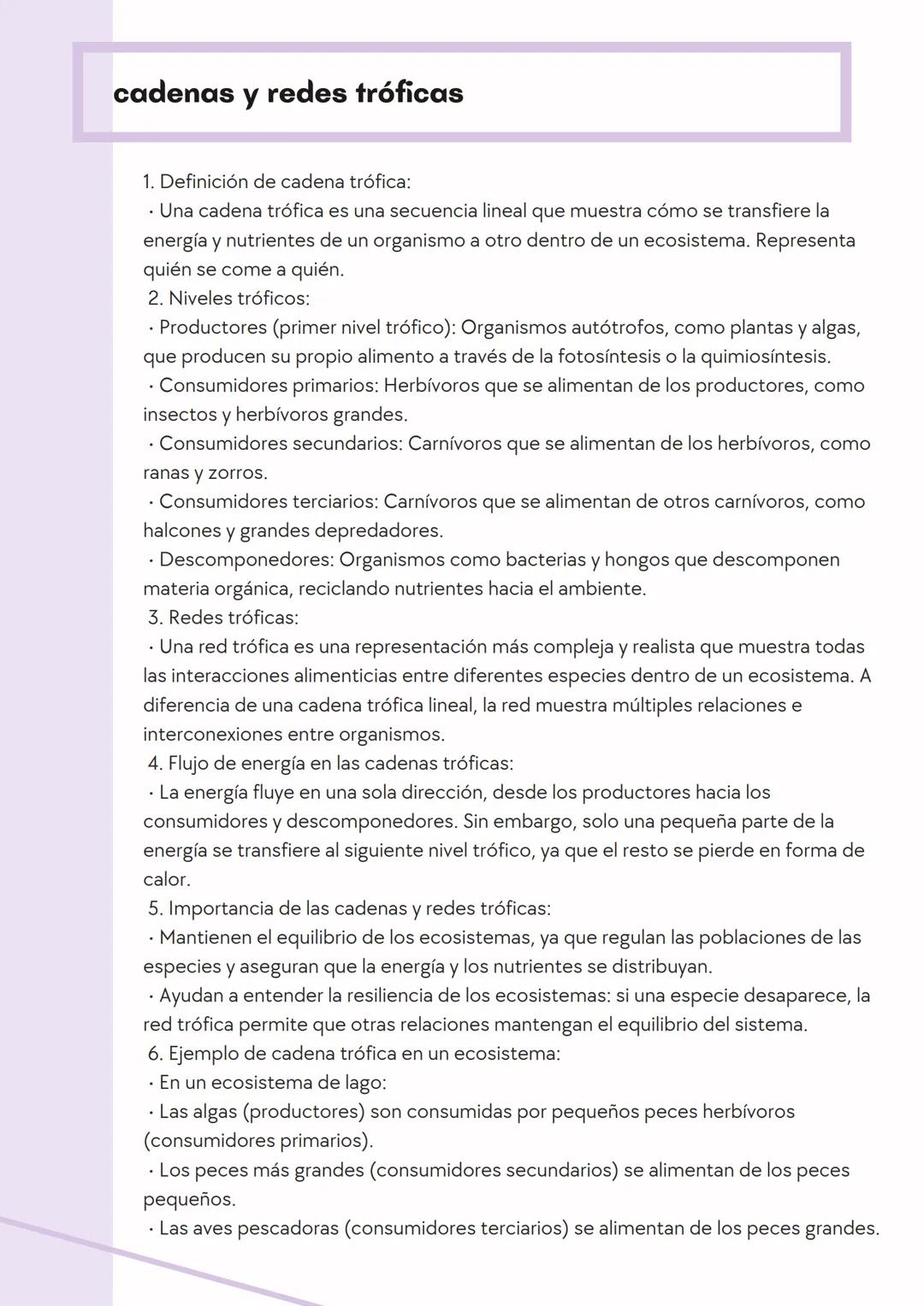 # cadenas y redes tróficas
1. Definición de cadena trófica:
* Una cadena trófica es una secuencia lineal que muestra cómo se transfiere l