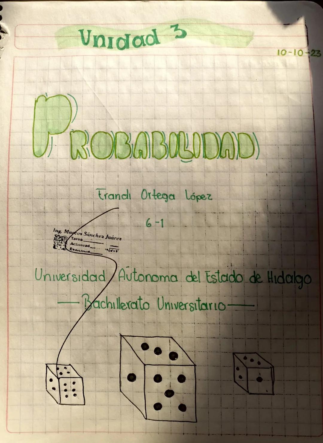 Unidad 3
PROBABILIDAD
ROBABILIDAD)
Trandı Ortega López
Ing. Magfos Sánchez Juárez
Taroa
Actividad
Ev
6-1
10-10-23
Universidad Autonoma