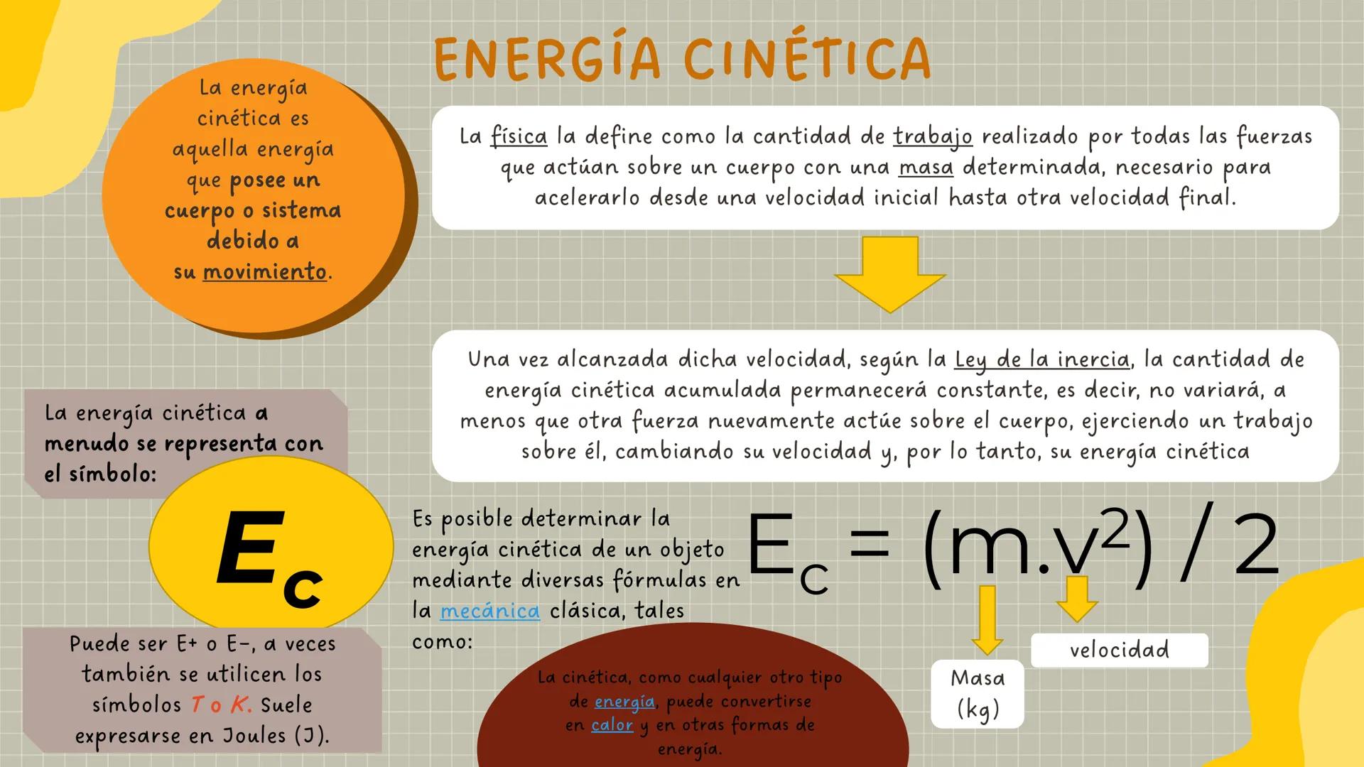 La energía
cinética es
aquella energía
que posee un
cuerpo o sistema
debido a
su movimiento.
ENERGÍA CINÉTICA
La física la define como la