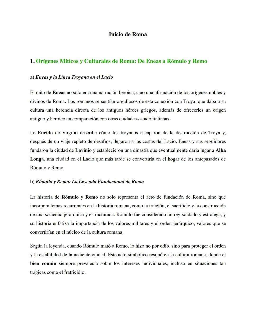 # Inicio de Roma
1. Orígenes Míticos y Culturales de Roma: De Eneas a Rómulo y Remo
a) Eneas y la Línea Troyana en el Lacio
El mito de En