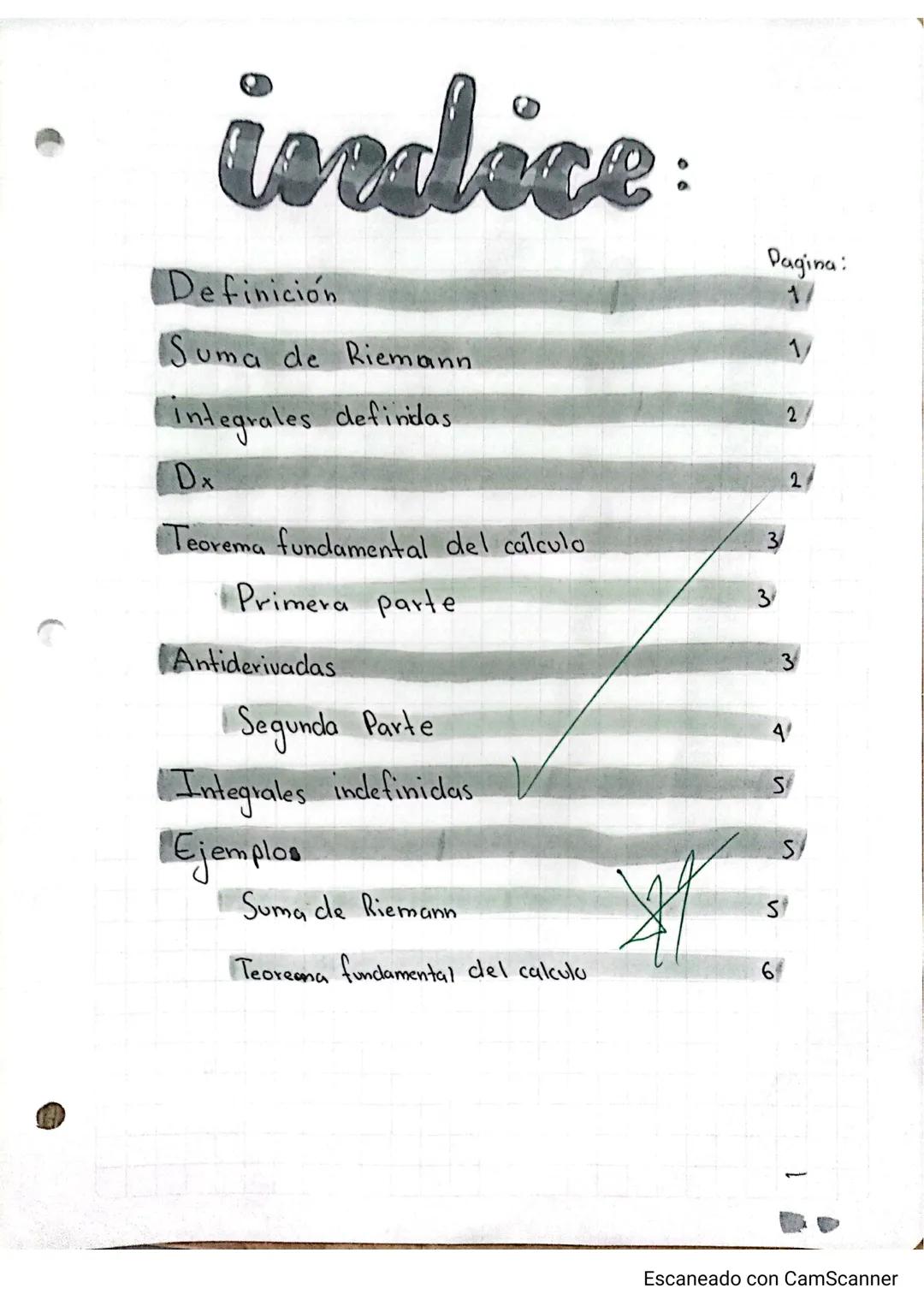 # indice:
Pagina:
1/
Definición
Suma de Riemann
1
Integrales definidas
2
Dx
2
Teorema fundamental del calculo
3
Primera parte
3
Antideriva