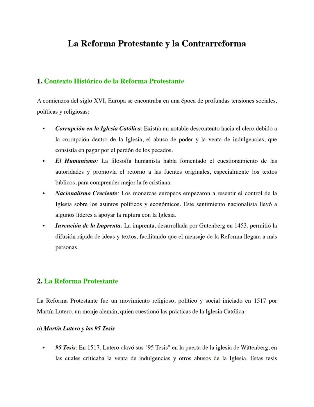 # La Reforma Protestante y la Contrarreforma
1. Contexto Histórico de la Reforma Protestante
A comienzos del siglo XVI, Europa se encontra