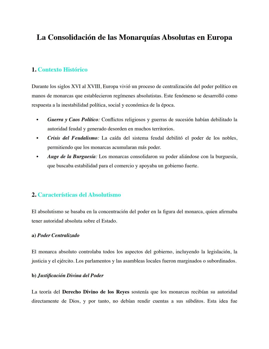 # La Consolidación de las Monarquías Absolutas en Europa
1. Contexto Histórico
Durante los siglos XVI al XVIII, Europa vivió un proceso de