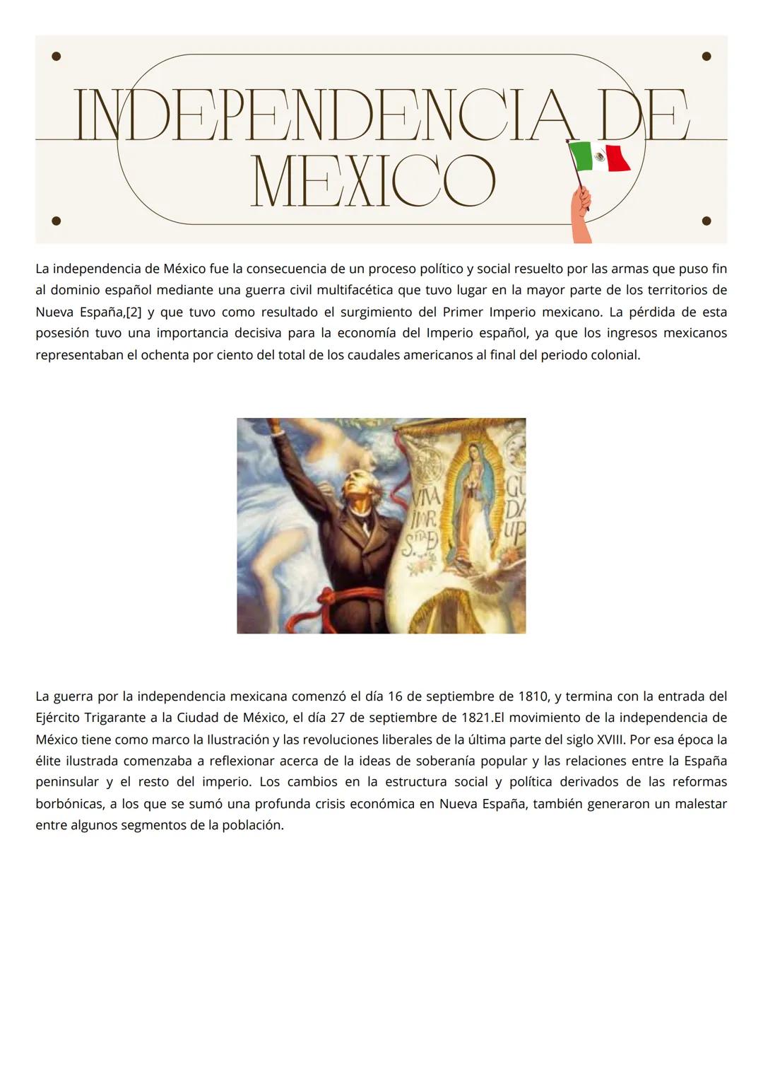 # INDEPENDENCIA DE
MEXICO
La independencia de México fue la consecuencia de un proceso político y social resuelto por las armas que puso fi