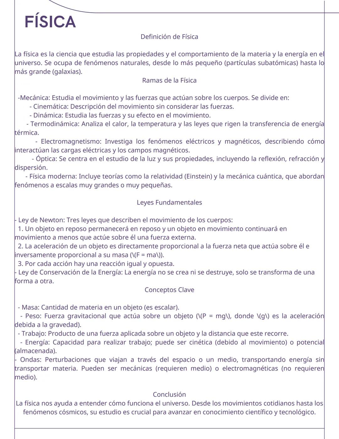 # FÍSICA
Definición de Física
La física es la ciencia que estudia las propiedades y el comportamiento de la materia y la energía en el
uni