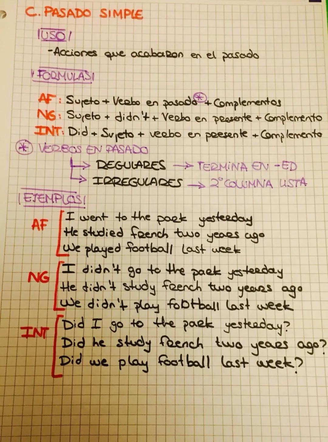 # C. PASADO SIMPLE
JUSO!
-Acciones que acabaron en el pasado
FORMULASI
AF: Sujeto + Veebo en pasado + Complementos
NG: Sujeto + didn't +