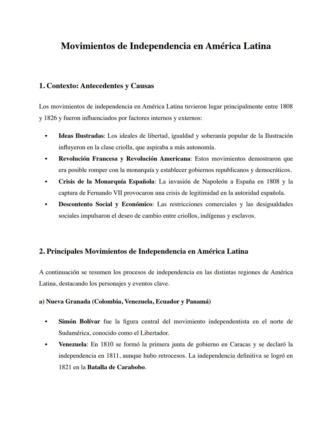 Movimientos de Independencia en América Latina
1. Contexto: Antecedentes y Causas
Los movimientos de independencia en América Latina tuviero
